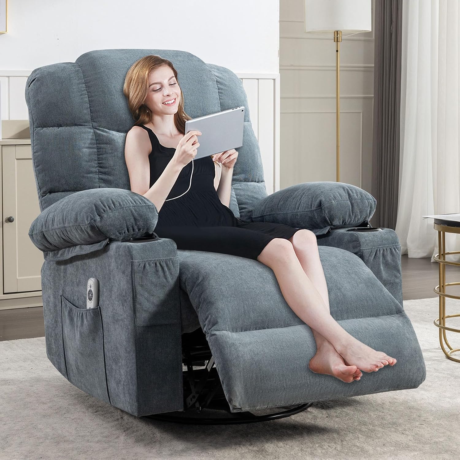 Massage Chair Recliner with Heat&USB,Comfotable Lazy Boy Recliner Chair with Cup Holder&2 Side Pockets,Manual Recliner Chair for Adults,Bread-Shaped,Heavy Duty,Fabric (Blue2)