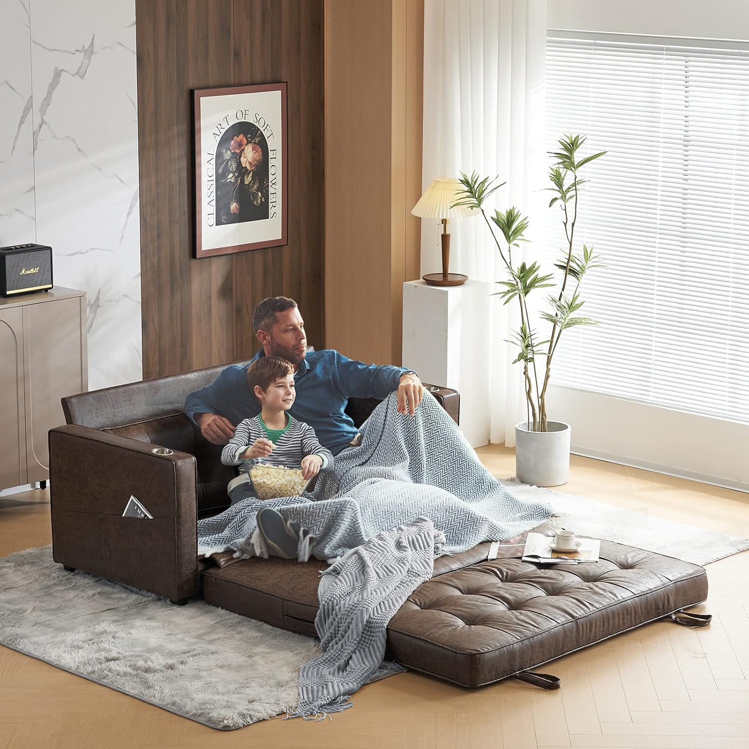 VINGLI Upgraded 64' W 84' L Full Size Futon Sofa Bed, 6' Thick Upholstery Rustic Microfiber Loveseat Sofa Sleeper Pull Out Couch,Convertible Floor Couch for Living Room, Bedroom, Entertainment Room