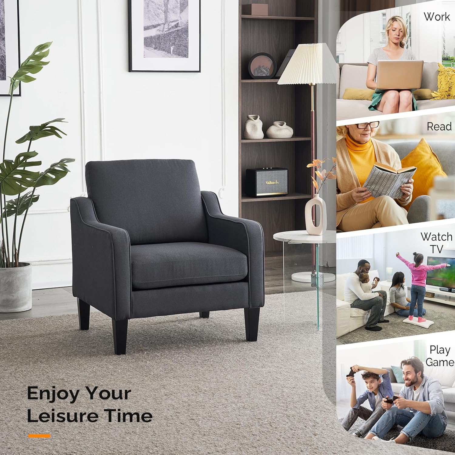 VINGLI Accent Chairs for Living Room Chairs Mid Century Modern Chair Sofa Chair Upholstered Arm Chair with Scooped Arms for Bedroom, Apartment, Office, Studio, Waiting Room, Play Room