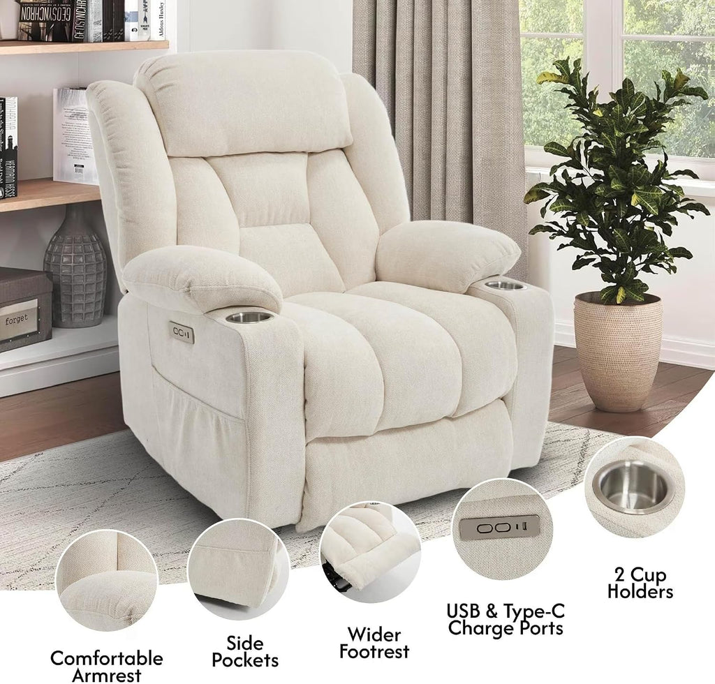 FLEXISPOT Power Lift Recliner Chair with Massage & Heat, Single Motor Lift Chair, Chenille Fabric Upholstery, USB/Type-C, Cup Holders, Side Pockets, Beige