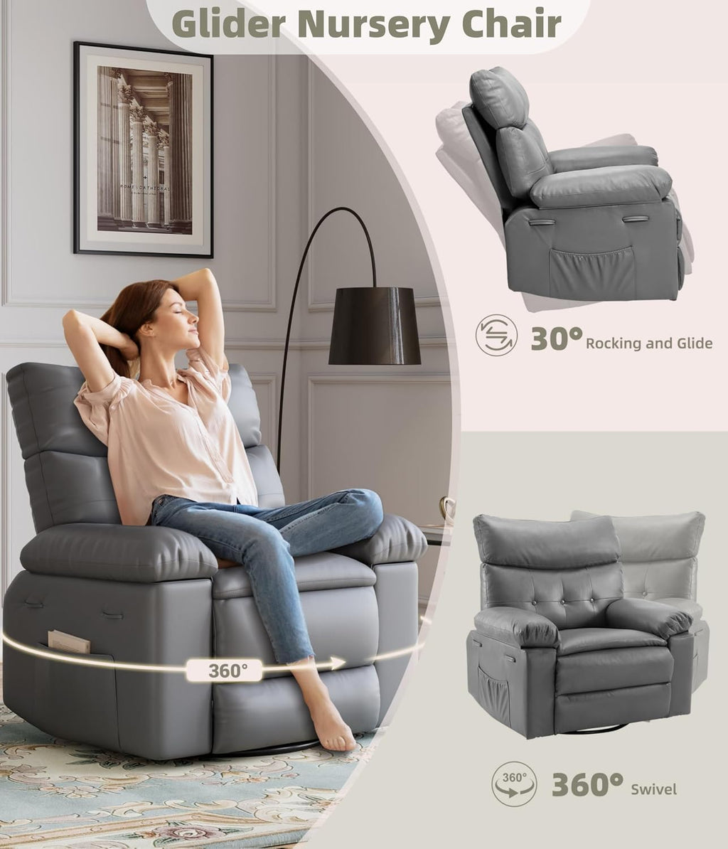 Garvee Oversized Wide Rocker Swivel Recliner Chair - PU Leather Manual Recliner for Adults, Large Nursery Glider Chair Lazy Recliner with Comfort Arm and Back for Living Room, Bedroom