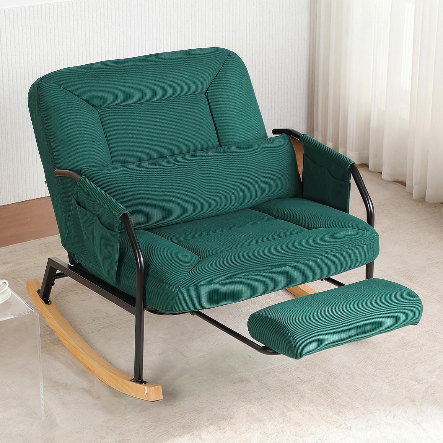 Oversized Rocking Chair, Extra-Wide Glider Patio Rocker Chairs with Foot Rest, Padded Cushion, Adjustable Backrest, Mental Wooden Farm, Indoor/Outdoor Living Room Bedroom Balcony Porch, Green