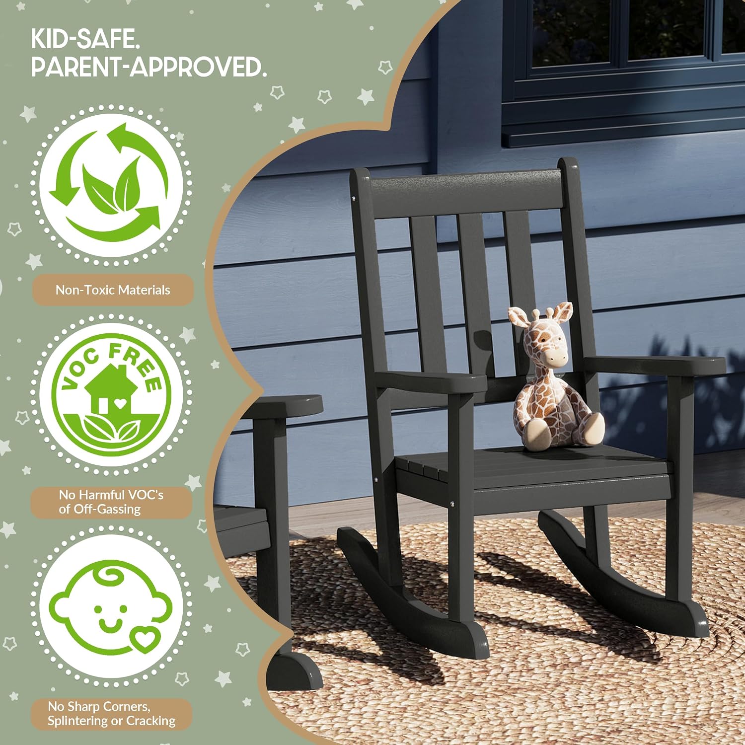 WestinTrends Malibu 3-Piece Kids Outdoor Rocking Chairs Set with Kids Square Side Table, Gray