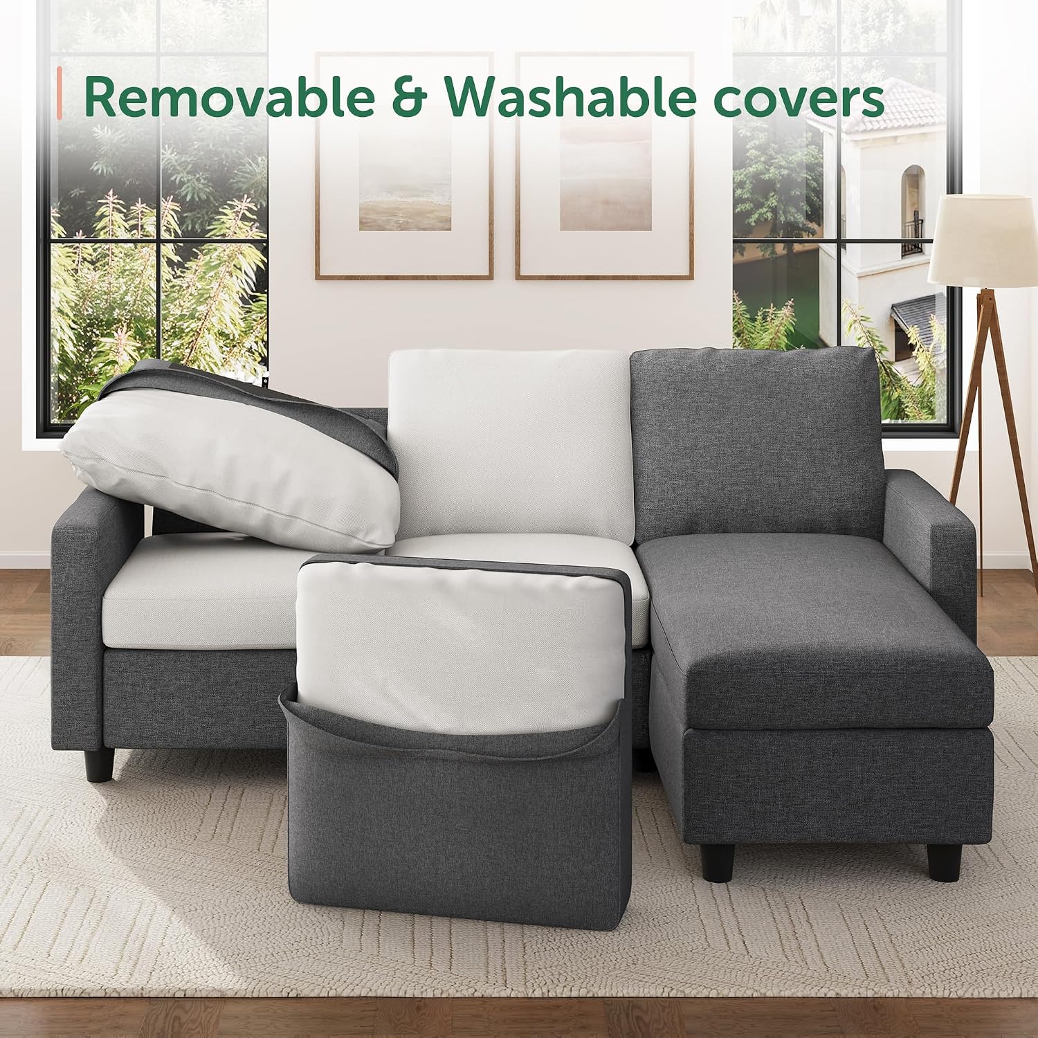 HONBAY Convertible Sectional Sofa, L Shaped Couch with Reversible Chaise, Sectional Couch for Small Space Apartment, Mid Grey