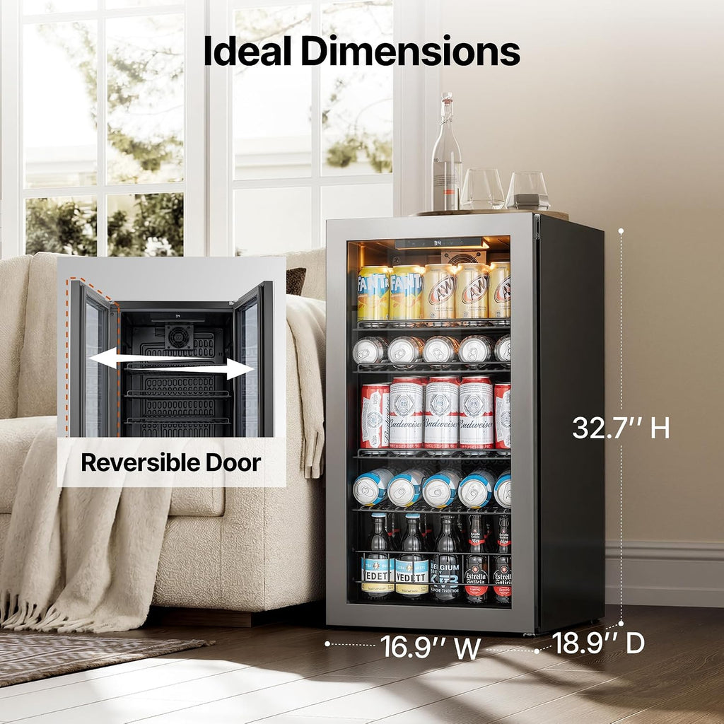 Ca'Lefort 105 Cans Beverage Cooler Mini Fridge, Beverage Refrigerator with Reversible Glass Door, Adjustable Shelves for Soda, Beer & Wine, Digital Temperature Control for Home, Office, Bar or Dorm