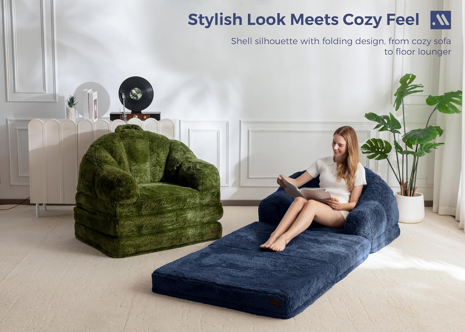 MAXYOYO Folding Sofa Bed, 2 in 1 Convertible Sofa to Lounger Comfy Single Bean Bag Chair for Adults, Floor Sleeper Couch with Handle, Faux Fur Couch Bed for Living Room Bedroom, Navy