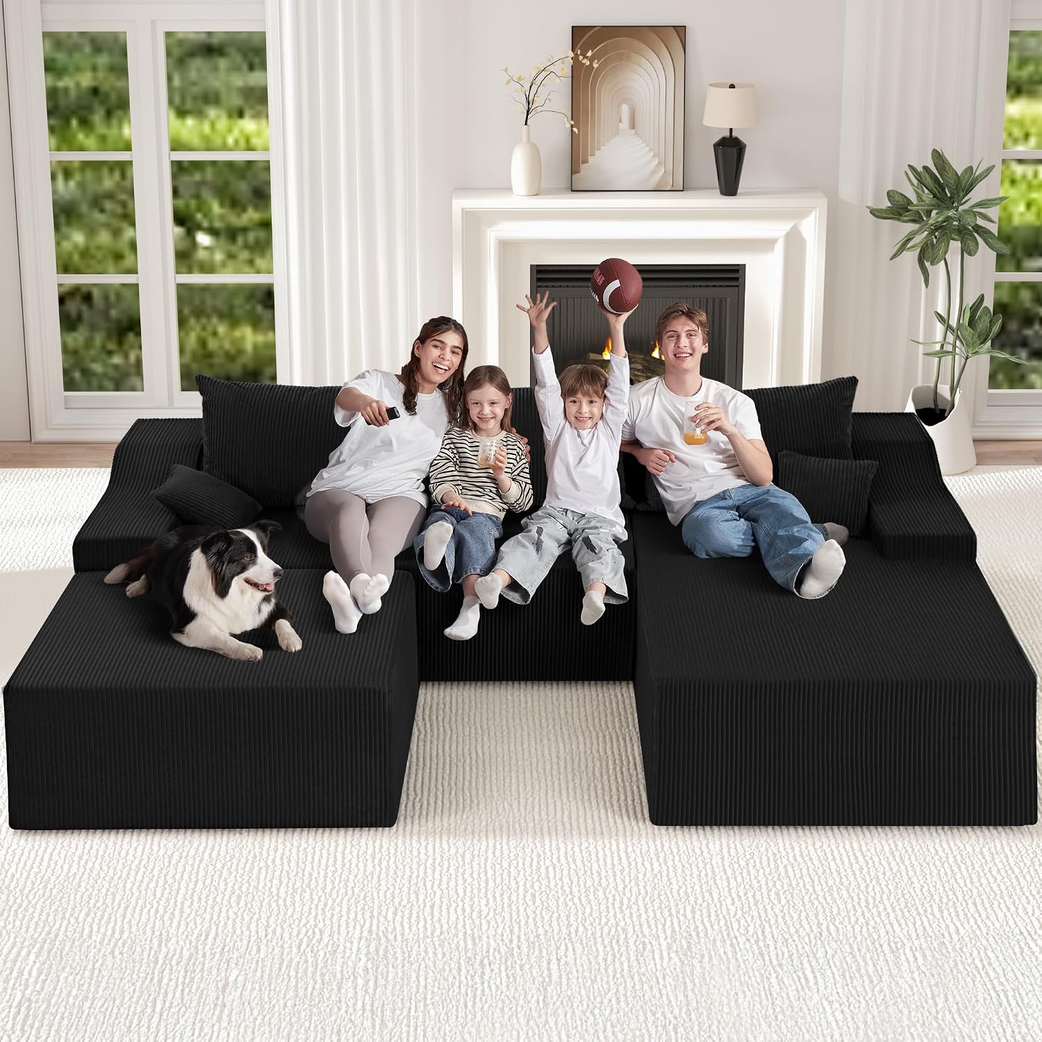 HABUTWAY U Shaped Modular Sectional Couch for Living Room, Modular Cloud Sofa with Ottoman, No Assembly Boneless Couches with Deep Seat, Corduroy Fabric (Black, Right Facing)