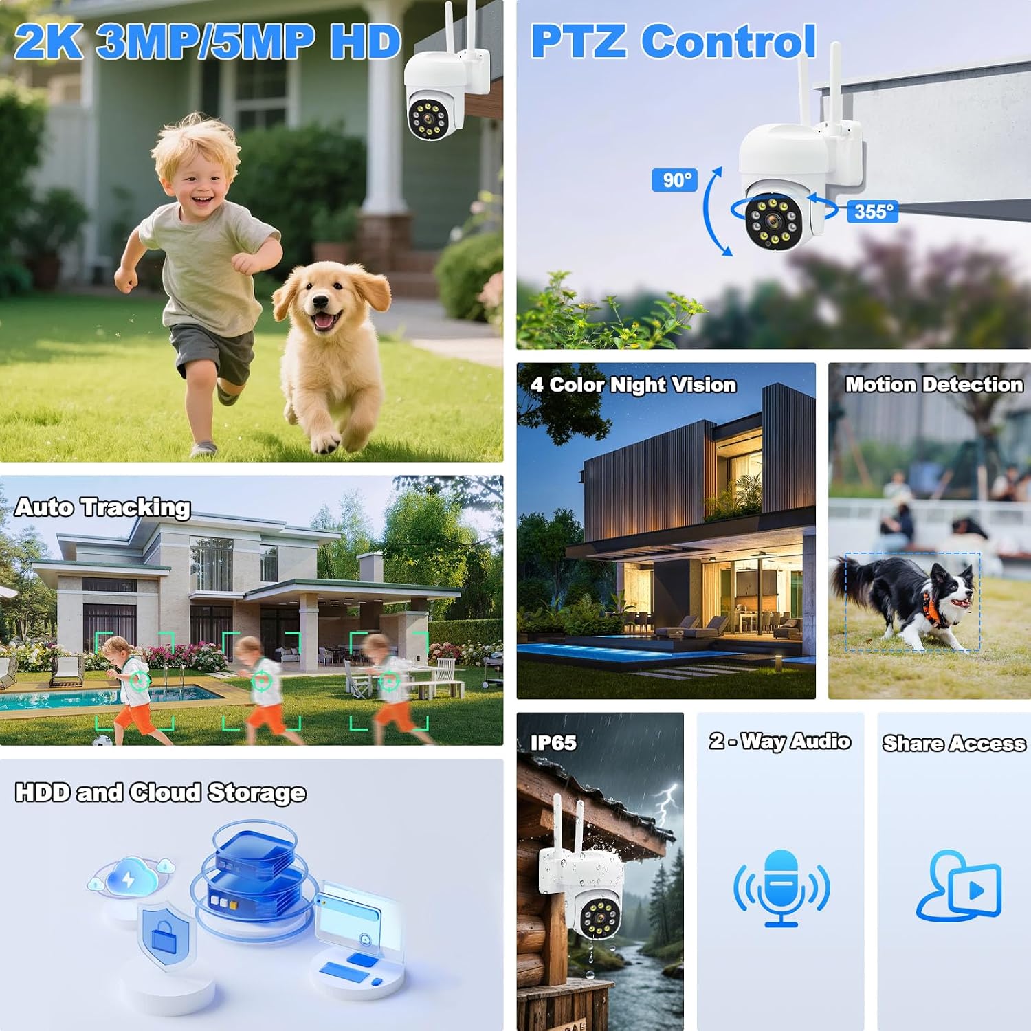 6-Cameras Wireless Outdoor Security System with 10CH NVR, 3MP HD Indoor CCTV AI Human Detection, 4 Night Vision, PTZ Control, 2-Way Audio, 1TB HDD, No Monthly Fee for Home Surveillance