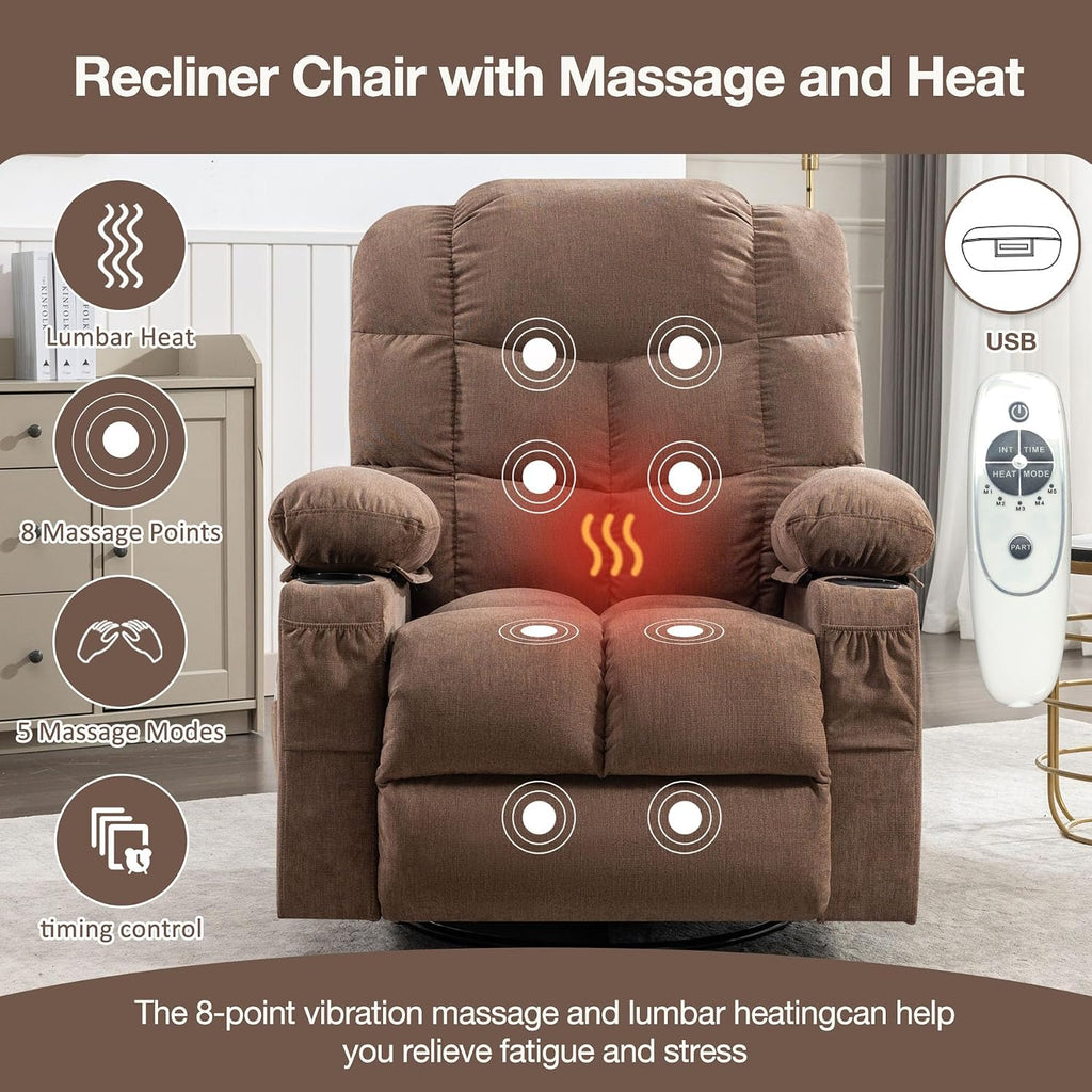 Massage Chair Recliner with Heat&USB,Comfotable Lazy Boy Recliner Chair with Cup Holder&2 Side Pockets,Manual Recliner Chair for Adults,Bread-Shaped,Heavy Duty,Fabric (Brown2)