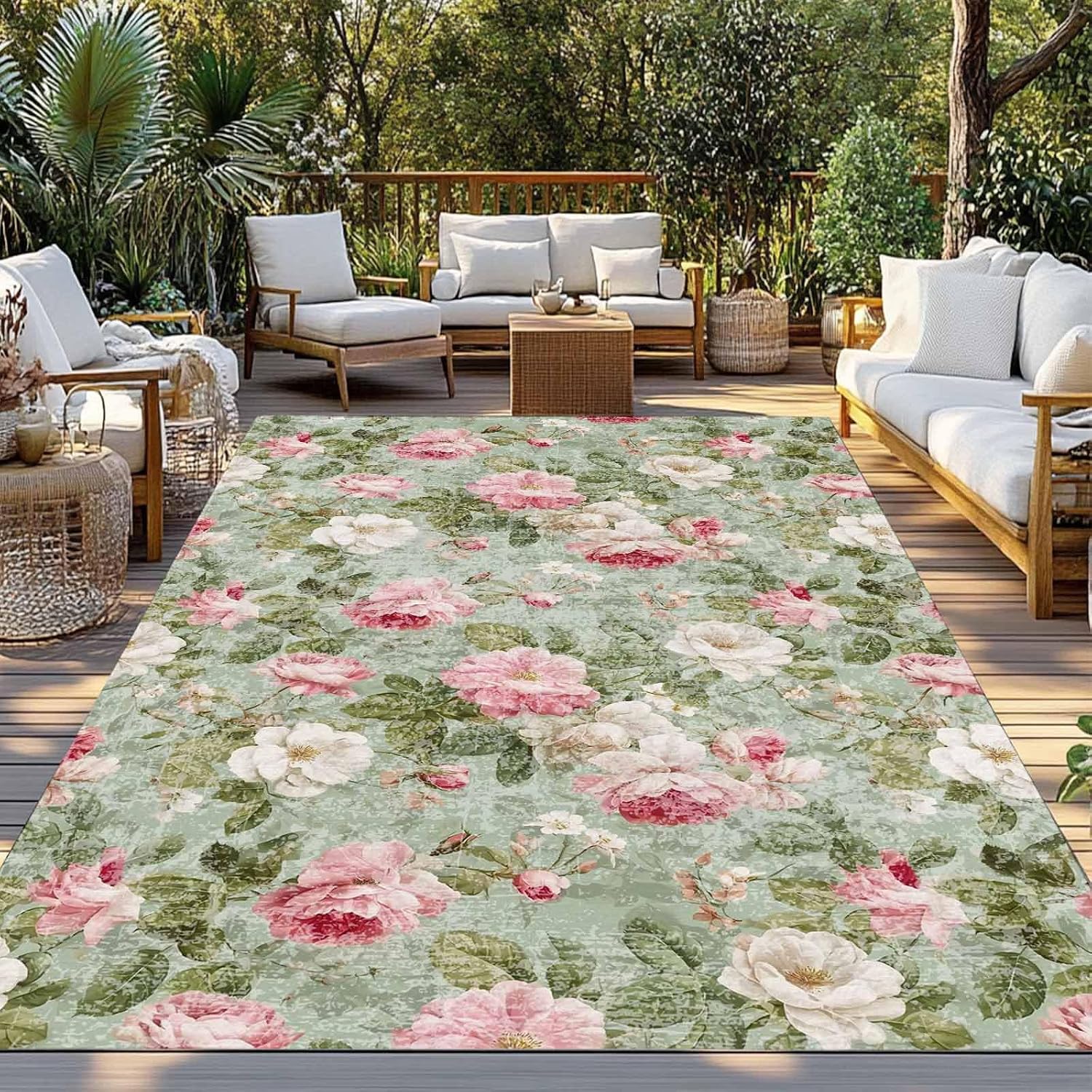 White Pink Flower Outdoor Rug for Patio/Deck/Porch, Non-Slip Large Area Rug 5 x 8 Ft, Shabby Chic Spring Vintage Leaf Green Indoor Outdoor Rugs Washable Area Rugs, Reversible Camping Rug Carpet Runner