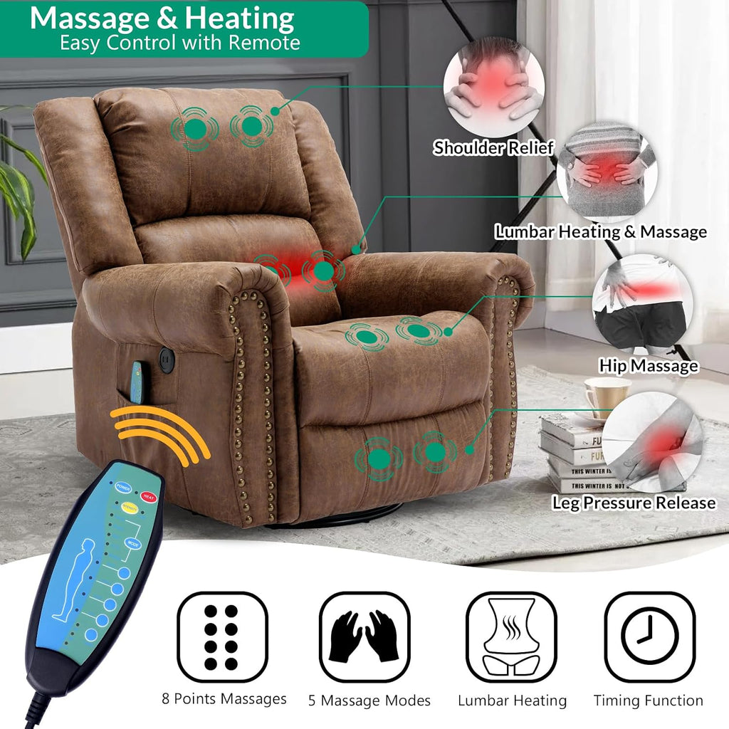 VIVIJASON Massage Swivel Rocker Recliner Chair with Heat & Vibration, 360° Swivel Manual Glider Rocking Reclining Chair with Remote Control, Side Pockets & USB Ports for Living Room, Nut Brown