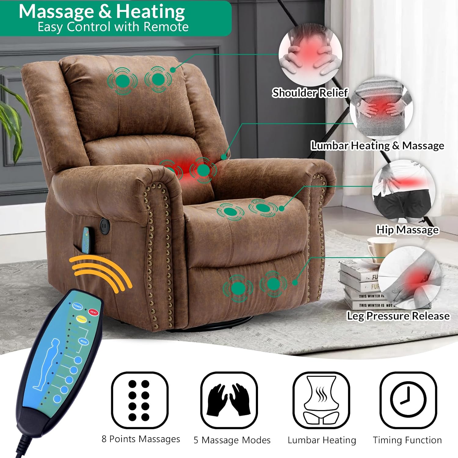 VIVIJASON Massage Swivel Rocker Recliner Chair with Heat & Vibration, 360° Swivel Manual Glider Rocking Reclining Chair with Remote Control, Side Pockets & USB Ports for Living Room, Nut Brown