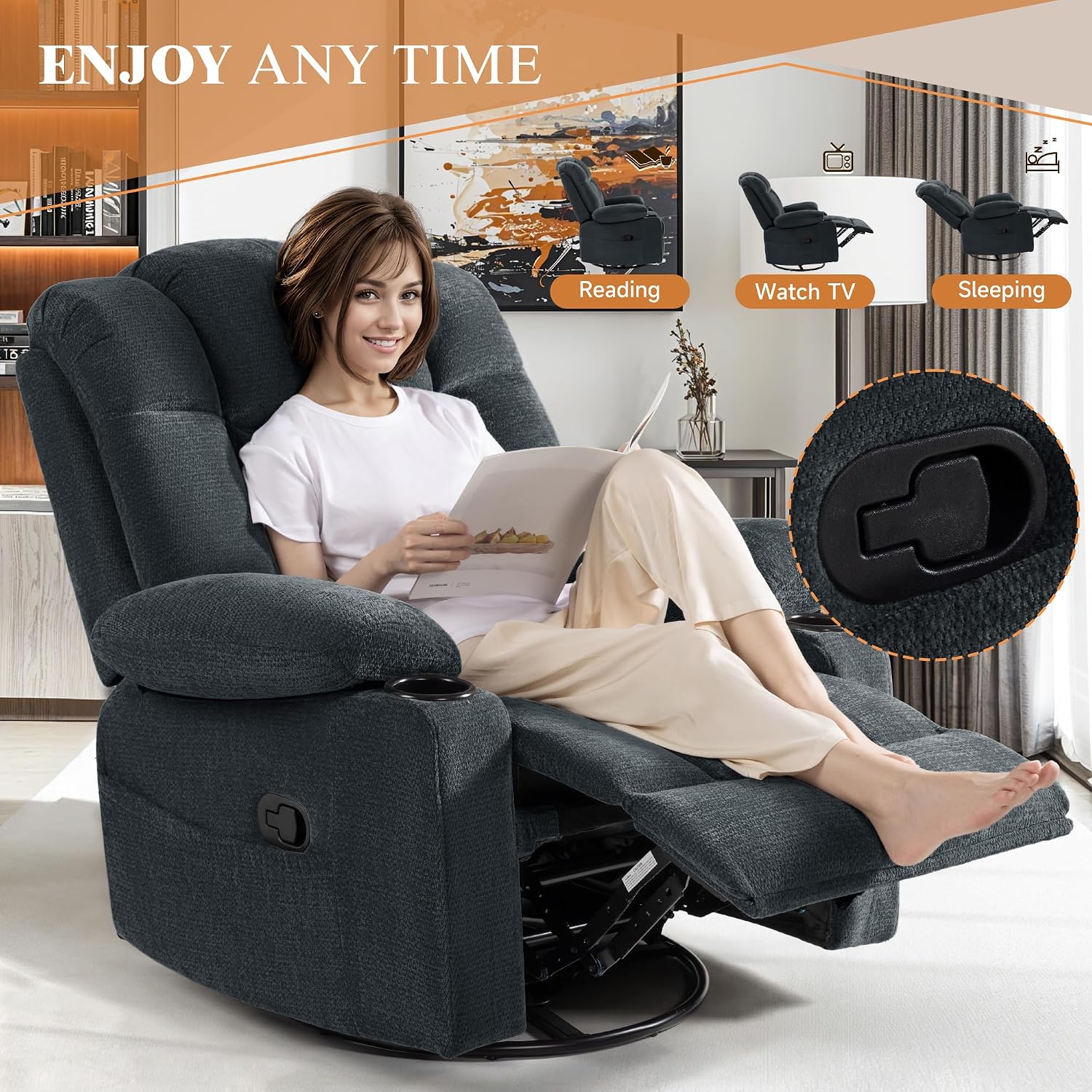 Swivel Rocker Recliner Chair for Adults – Manual Glider Sofa with Massage, Heat & Vibration, 360° Rocking for Living Room (Blue, 30'x30'x40')