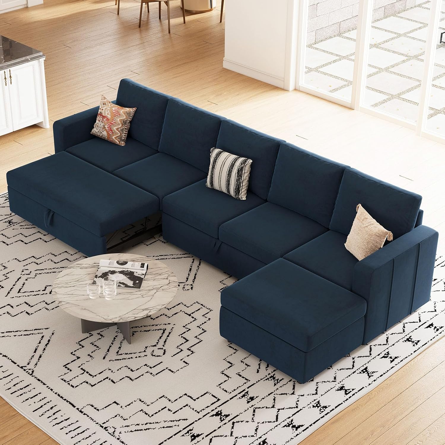 Belffin Modular Sectional Sofa with Sleeper Sofa Couch Pullout Bed, 133' L Shaped Sleeper Sectional Couch with Storage Seat for Living Room, Blue