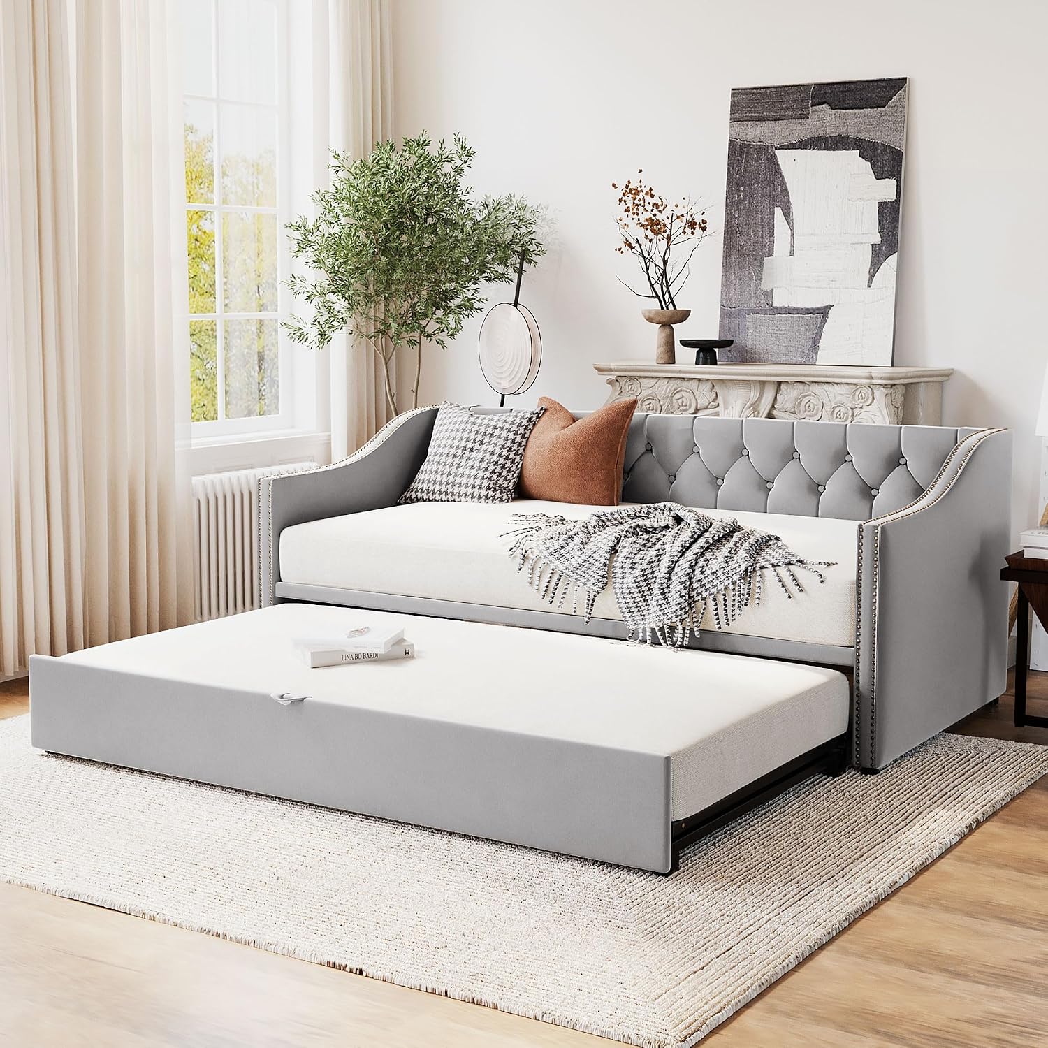Merax Twin Size Upholstered Velvet Daybed with Pop Up Trundle, Multi-Functional Sofa Bed with Backrest and Two Armrest for Kids Room, Guest Room, Living Room,Gray