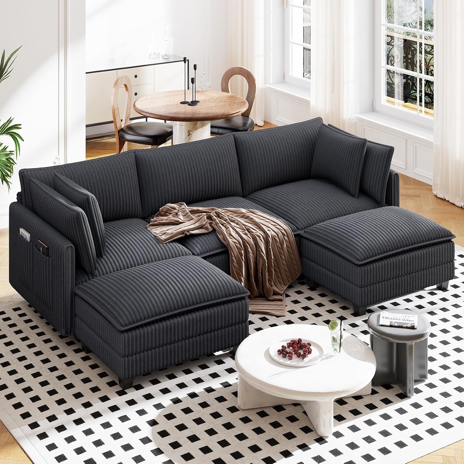 Vesgantti 109' U Shaped Cloud Sectional Sofa, Comfy Corduroy Upholstered Sectional Modular Sofas for Living Room, Modern Modular Couch with 2 Ottoman Deep Seat, Dark Grey