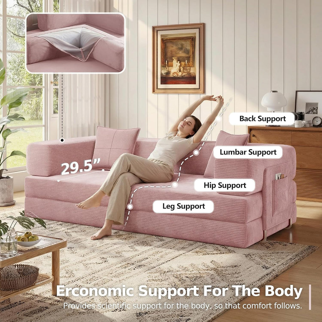 MoonSpeak 78.8''Sleeper Couch Bed for Livingroom,Convertible Modular Sofa with Armrest Pillow,Modular Foldable Corduroy Couches in a Box,No Assembly (Pink)