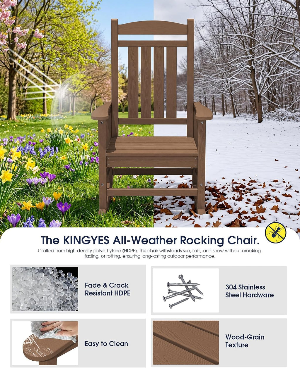 KINGYES Oversized Outdoor Rocking Chair Set of 2, High Density Polyethylene Patio Rocking Chairs with 350lbs Support for Adults, Porch Recliner Rocker, Brown