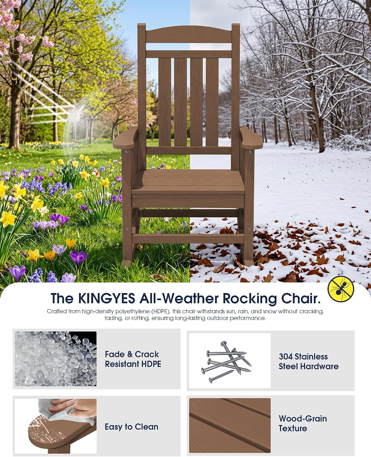 KINGYES Oversized Outdoor Rocking Chair Set of 2, High Density Polyethylene Patio Rocking Chairs with 350lbs Support for Adults, Porch Recliner Rocker, Brown