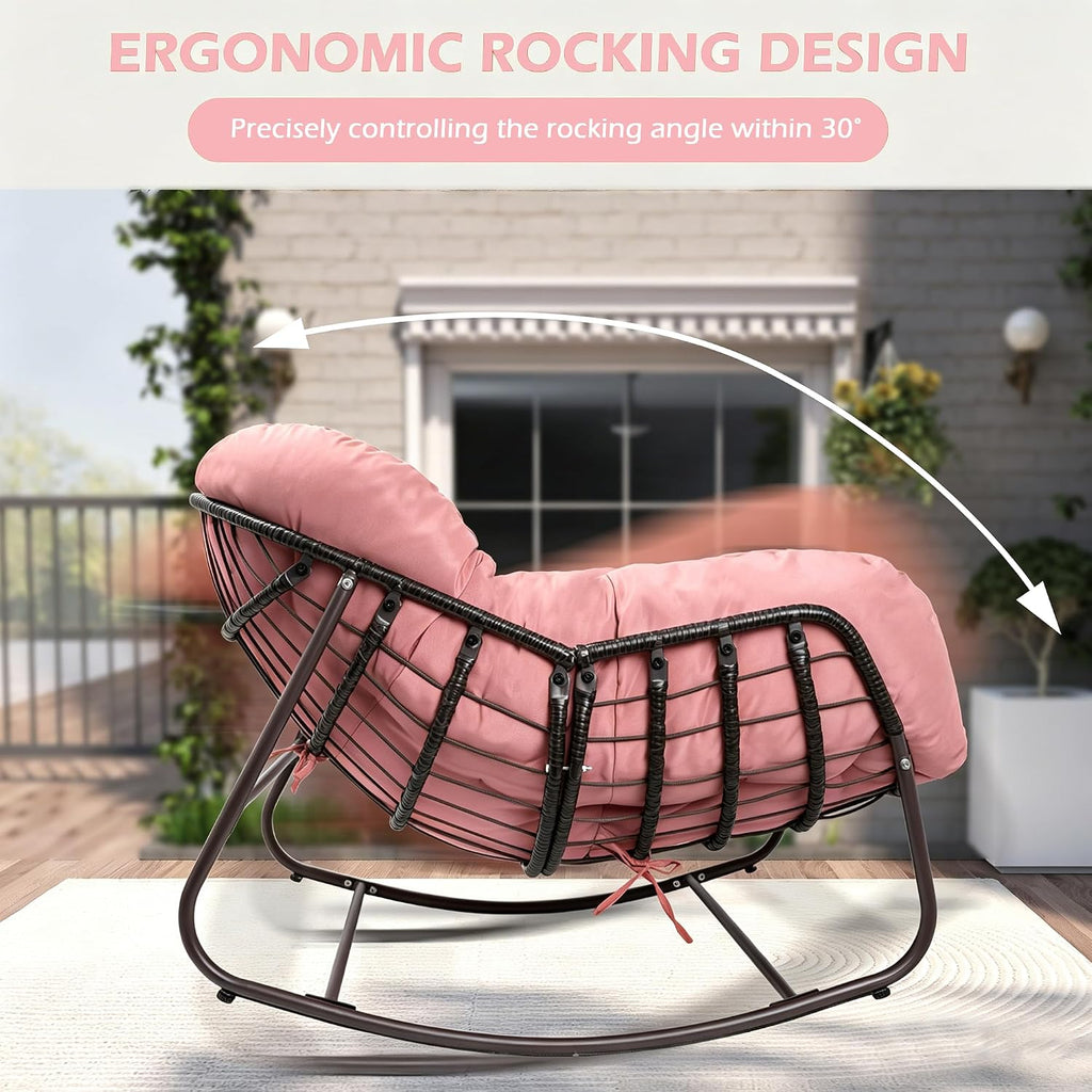 Papasan Rocking Chair Indoor & Outdoor, Oversized Egg-Shaped Papasan Rocker with Cushion & Pillow, All-Weather Wicker Patio Lounge Chair for Garden, Porch, Living Room (Pink)