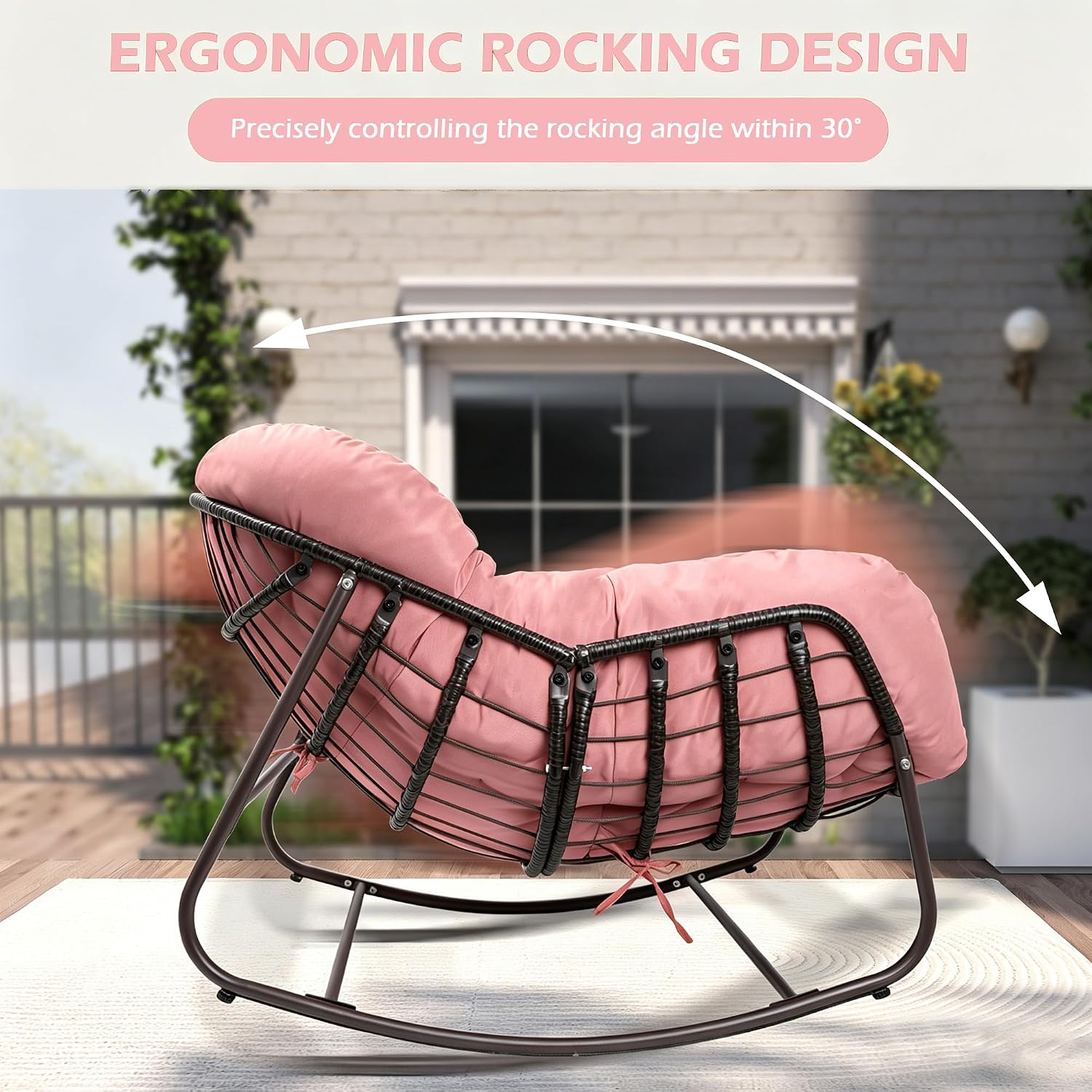Papasan Rocking Chair Indoor & Outdoor, Oversized Egg-Shaped Papasan Rocker with Cushion & Pillow, All-Weather Wicker Patio Lounge Chair for Garden, Porch, Living Room (Pink)