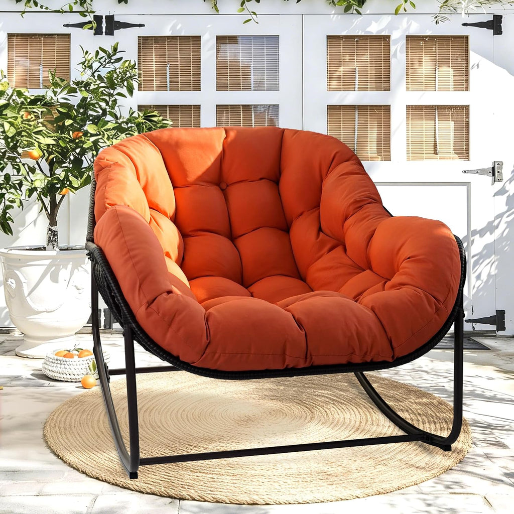 Papasan Rocking Chair Indoor & Outdoor, Oversized Egg-Shaped Papasan Rocker with Cushion & Pillow, All-Weather Wicker Patio Lounge Chair for Garden, Porch, Living Room (Red)