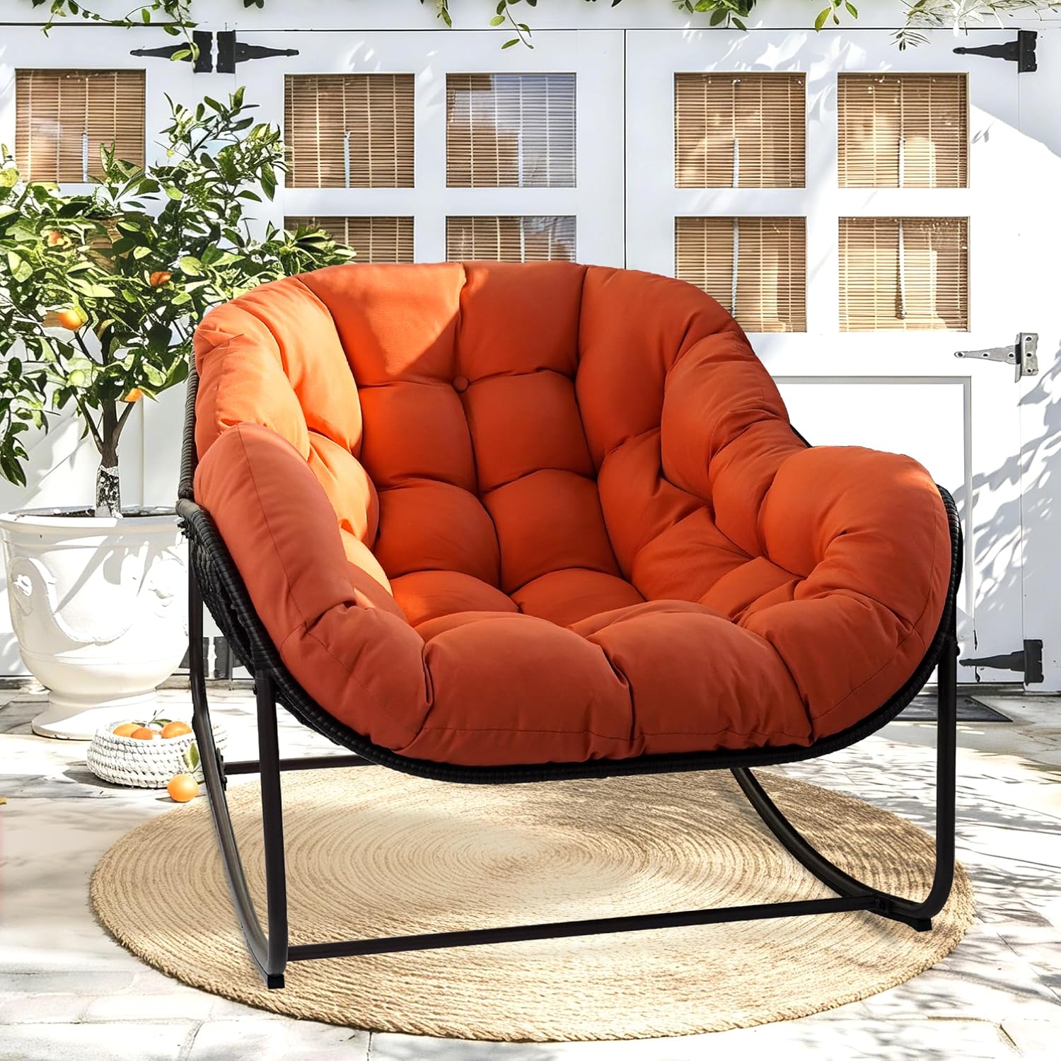 Papasan Rocking Chair Indoor & Outdoor, Oversized Egg-Shaped Papasan Rocker with Cushion & Pillow, All-Weather Wicker Patio Lounge Chair for Garden, Porch, Living Room (Red)