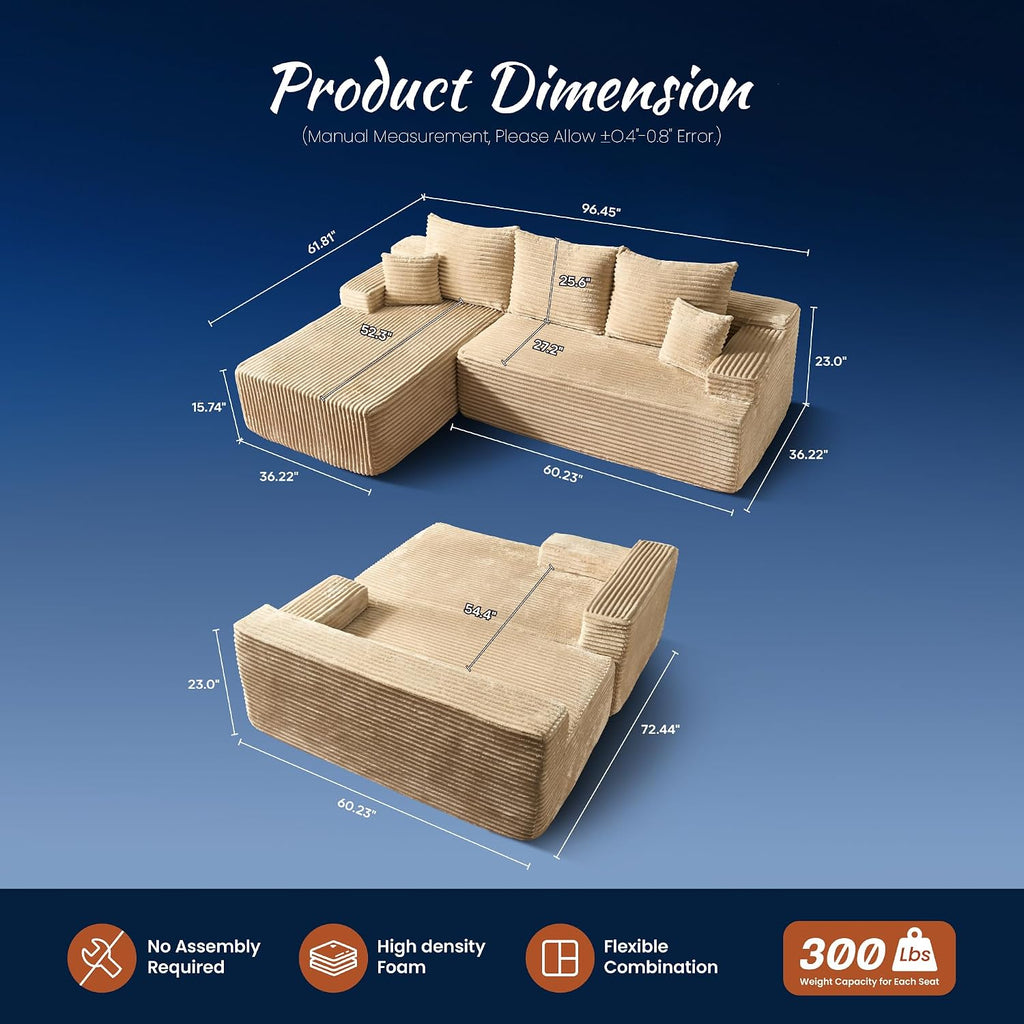 ovios 104' Cloud Boneless Couch with Glitter Fabric, Moudular Sectional Sofa with Deep Seat, No Assembly Required, Modern Minimalist L Shaped Couches with Chaise for Living Room, Beige