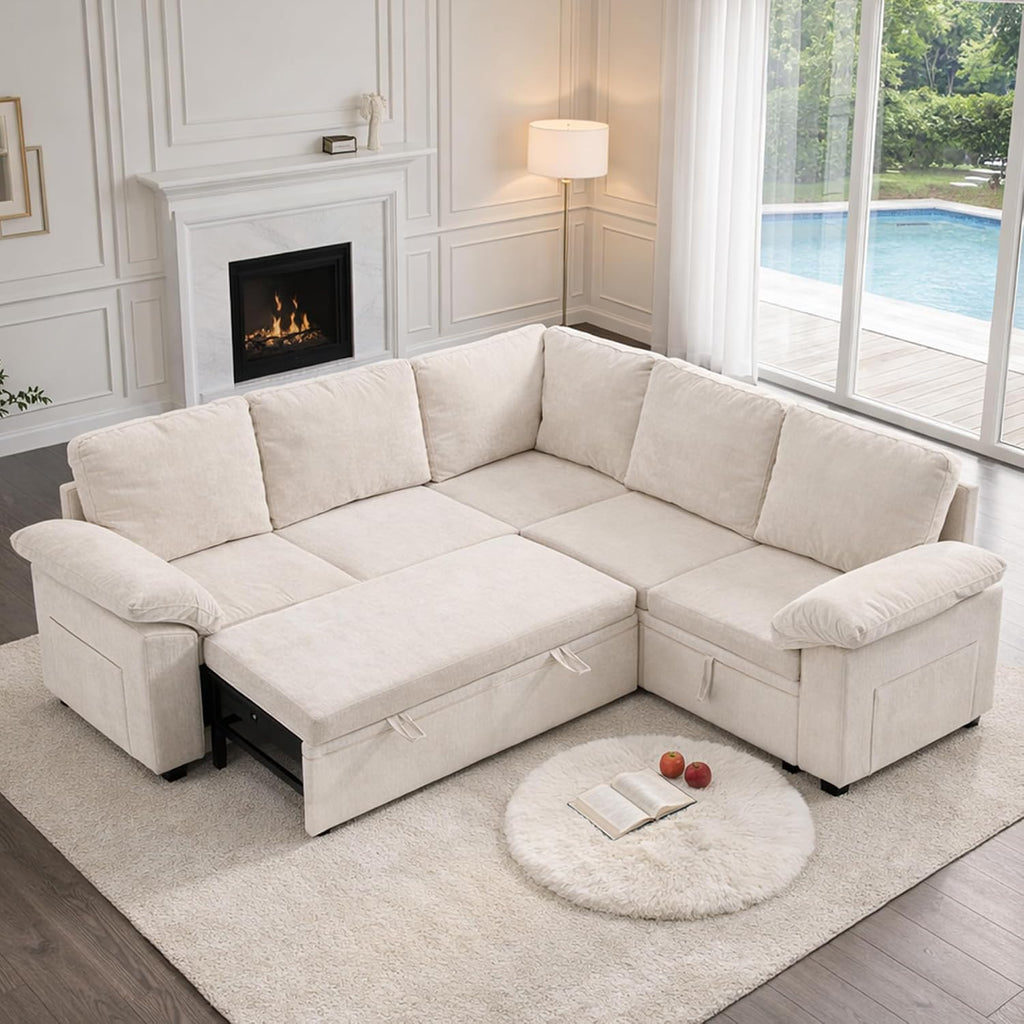 86 Inch Sectional Sleeper L Shaped Sofa with Pull Out Bed, Modular Sectional Sofa with Storage, Modern Chenille Cloud Couch, Sectional Couches for Living Room, Beige