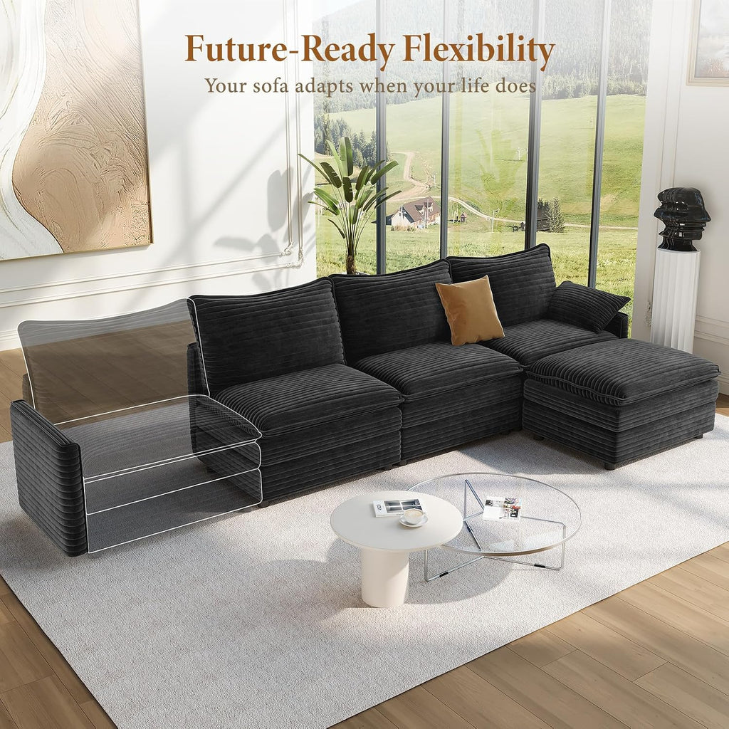 Vesgantti 108' Cloud Couch for Living Room, Deep Seat Sectional Modular Sofa with Ottoman, Double Cushion Corduroy L Shaped Sofas Set Easy Rearrange for Apartment, Office, Bedroom, Dark Grey