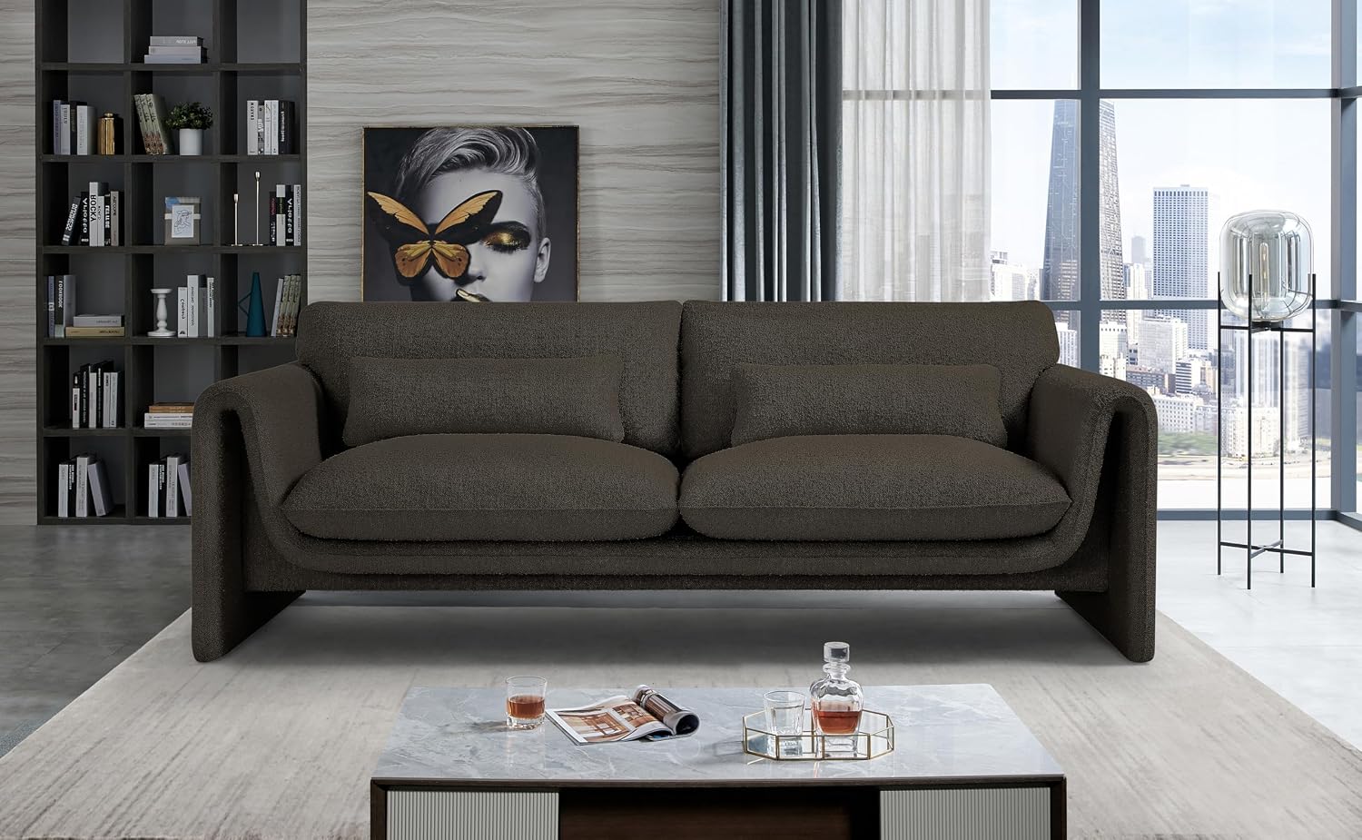 Meridian Furniture 198Brown-S Stylus Collection Modern | Contemporary Boucle Fabric Upholstered Sofa with Rich Brown Boucle Fabric, Curved Arms, 86' W x 38' D x 31' H, Brown