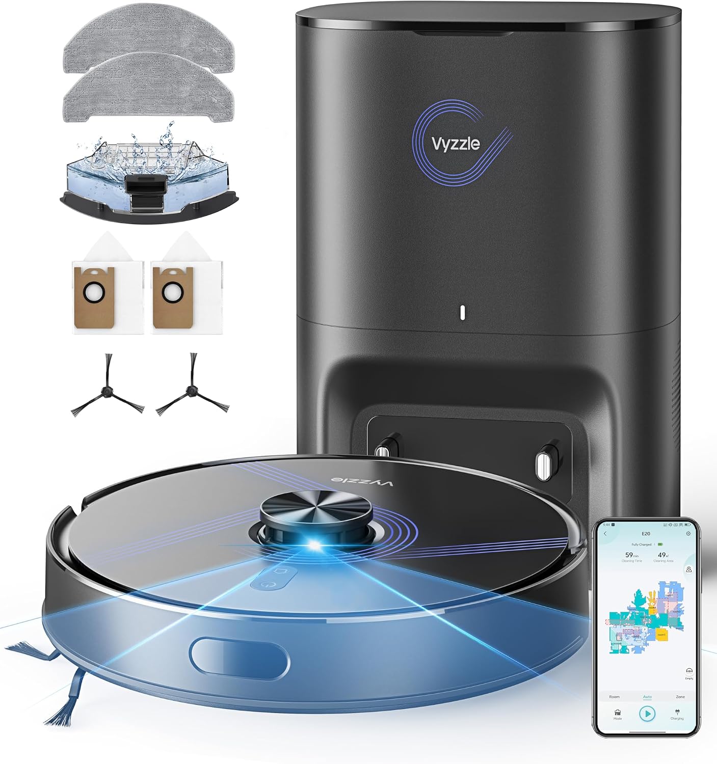 Vyzzle Robot Vacuum and Mop, 4-in-1 Robotic Vacuum Cleaner with Self-Emptying Base, 8000Pa Vacuum Robot with LiDAR Navigation, 60 Days Capacity, Ideal for Pet Hair, Hard Floors, Carpet, E20