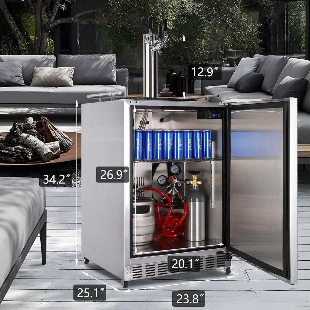 HCK Kegerator, 24 Inch Outdoor Kegerator for Patio with 3 Taps, Full Size Beer Dispenser and Beverage Refrigerator with Auto Defrost & Reversible Stainless Steel Door, Ideal for Home Bars