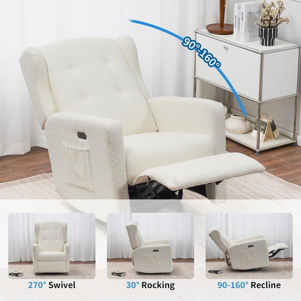 Swivel Rocker Power Recliner Chair for Nursery, 270° Swivel Glider Recliner with USB & Type-C Charging, Electric Reclining Chair with Storage Pockets, Upholstered Recliner for Living Room(Teddy Beige)