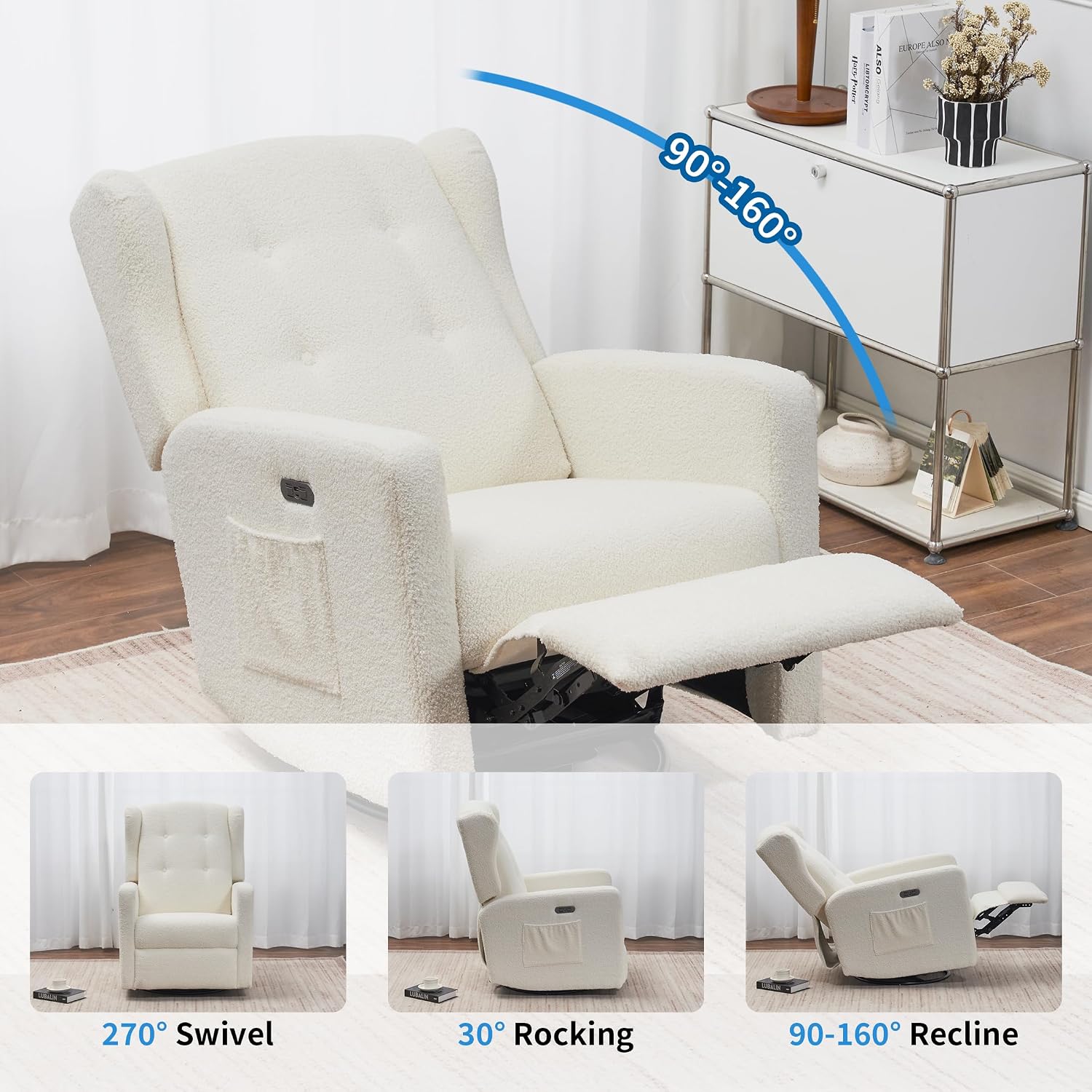 Swivel Rocker Power Recliner Chair for Nursery, 270° Swivel Glider Recliner with USB & Type-C Charging, Electric Reclining Chair with Storage Pockets, Upholstered Recliner for Living Room(Teddy Beige)