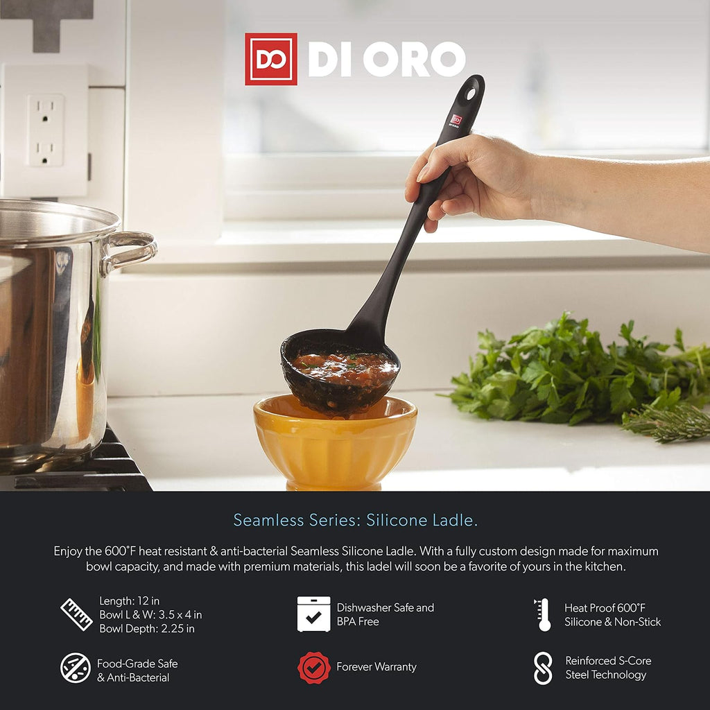 DI ORO 11-Piece Silicone Kitchen Set - 600°F Nonstick Heat-Resistant Utensils - 3 Turners, 5 Seamless Spatulas, 2 Spoons, 1 Ladle - Tools for Cooking & Baking - Dishwasher Safe, Easy to Clean (Black)