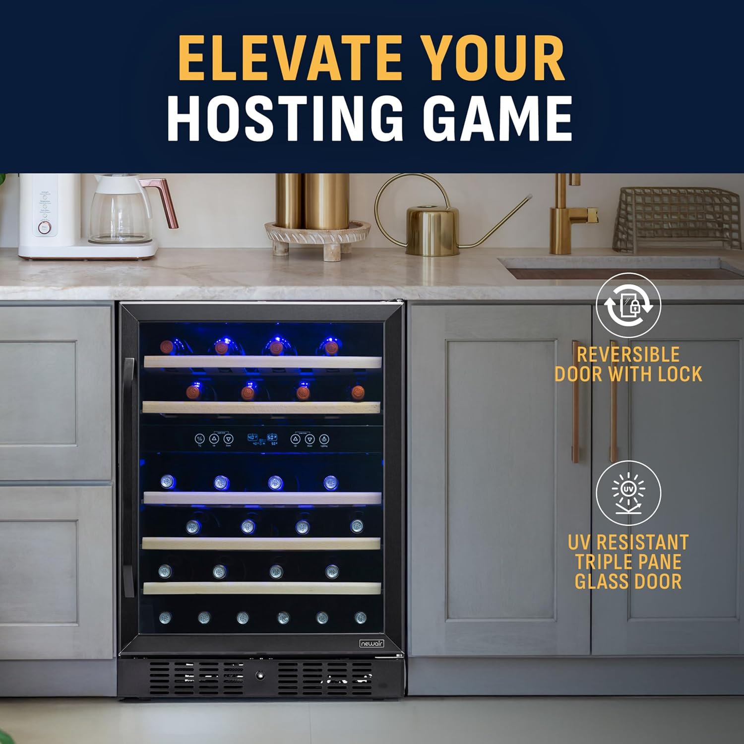 NewAir 24' Dual Zone Wine Fridge for 46 Bottles | Built-In or Freestanding Wine Cooler Refrigerator with Glass Door | Quiet Cooling & Adjustable Shelves for Red and White Wine | Black Stainless Steel