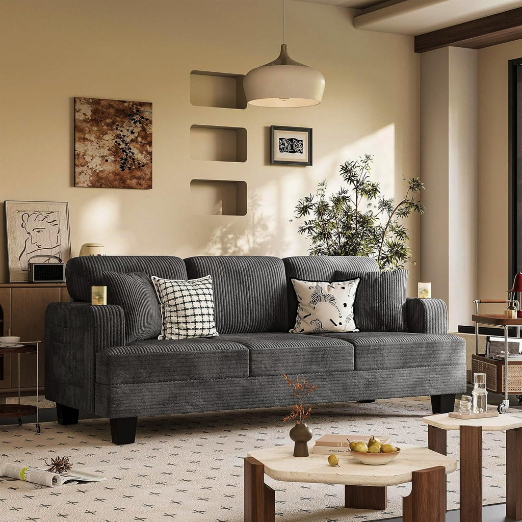 83' Modern Couch with Cup Holders, 3 Seater Couch with Comfy Pillow & Side Storage Pockets, Corduroyn Small Couch with Deep Seat Couch for Living Room, Bedroom, Apartment and Office (Charcoal Gray)