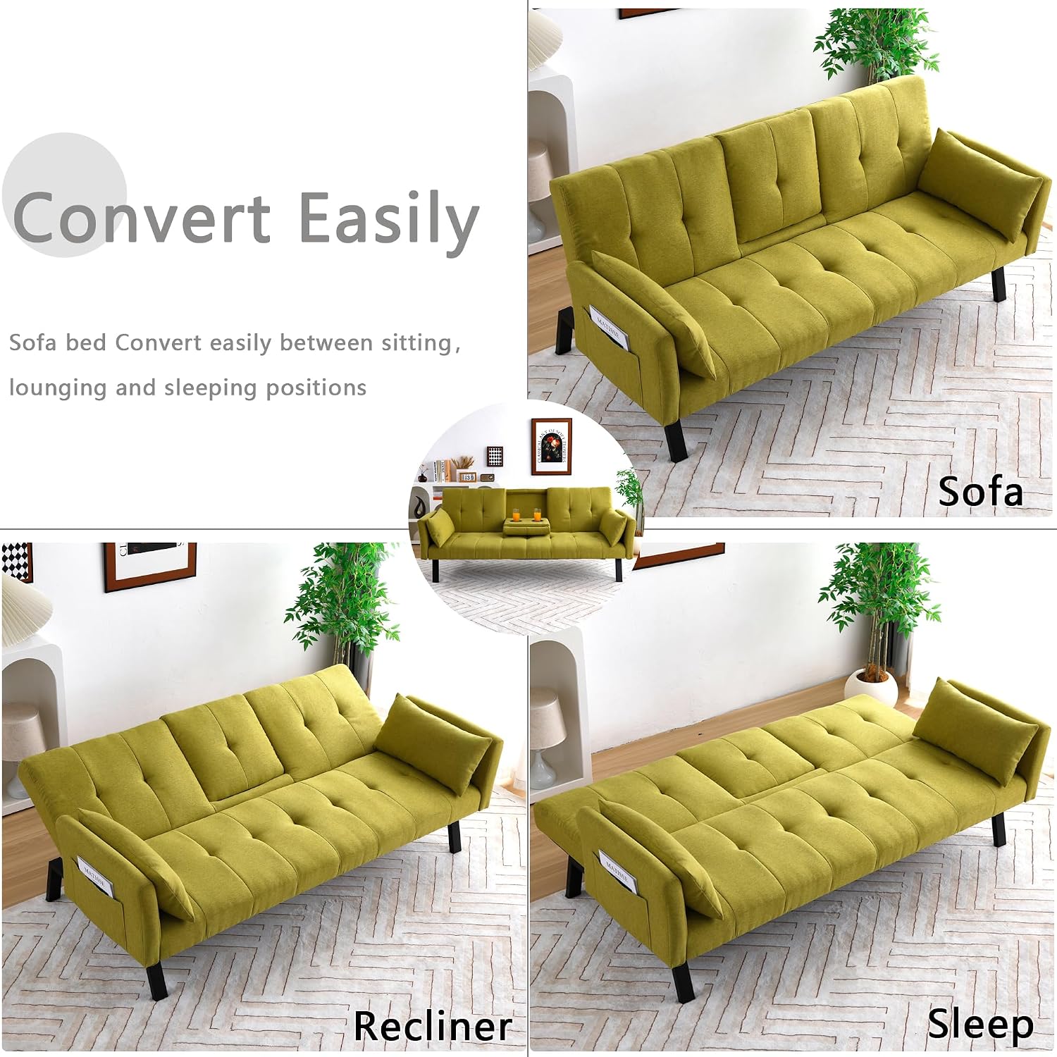 70' Futon Sofa with Cupholders,Adjustable Backrest Cotton Linen with Cup Holders and 2 Throw Pillows Sleeper Sofa for Living Room Apartment Small Space (Grass Green)