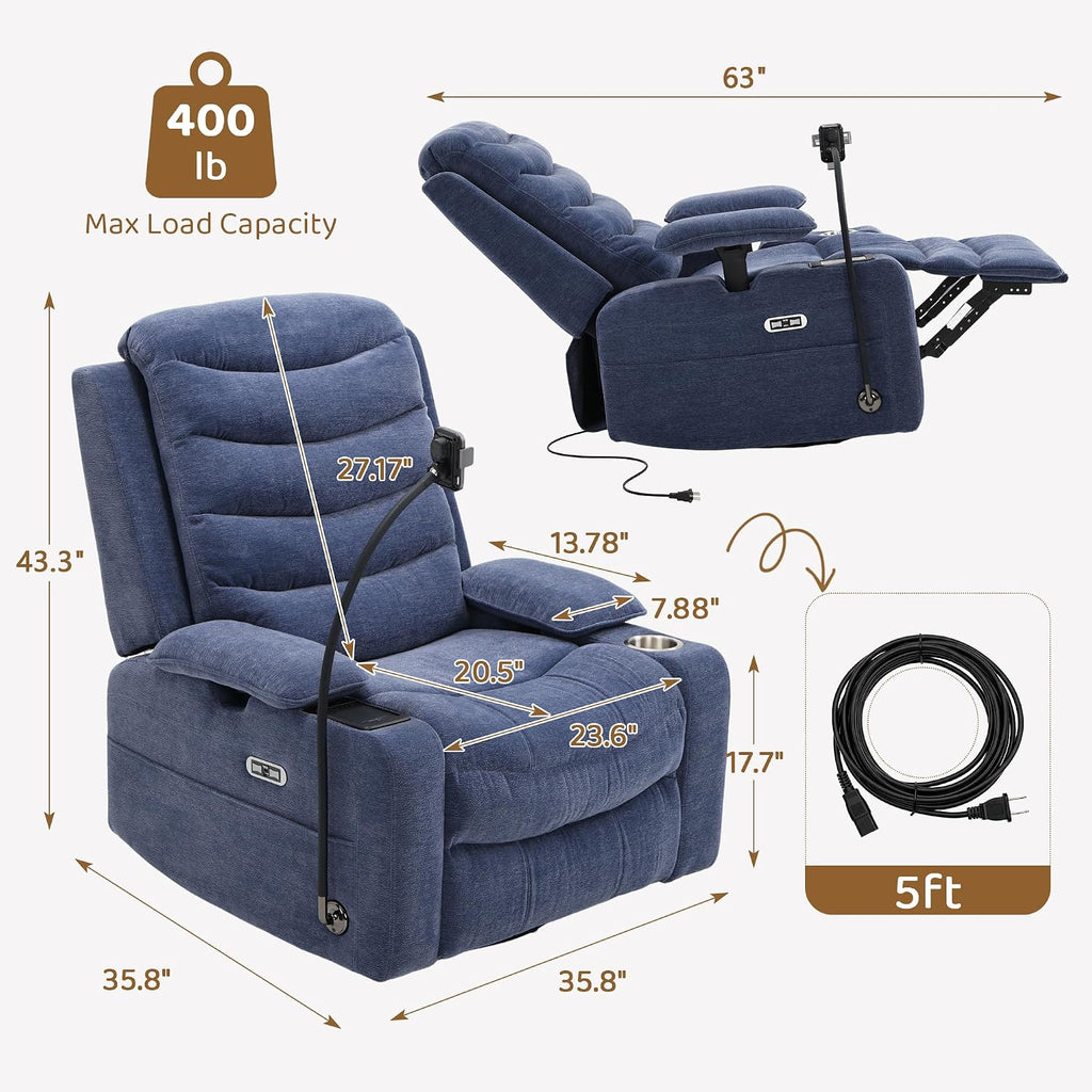 Olela Power Glider Recliner Nursery Chair, Swivel Rocking Chair with Electric Lumbar Support, USB Charging, Smart Cup Holder, Light, Adjustable Armrest, Wireless Phone Charger Holder, Chenille