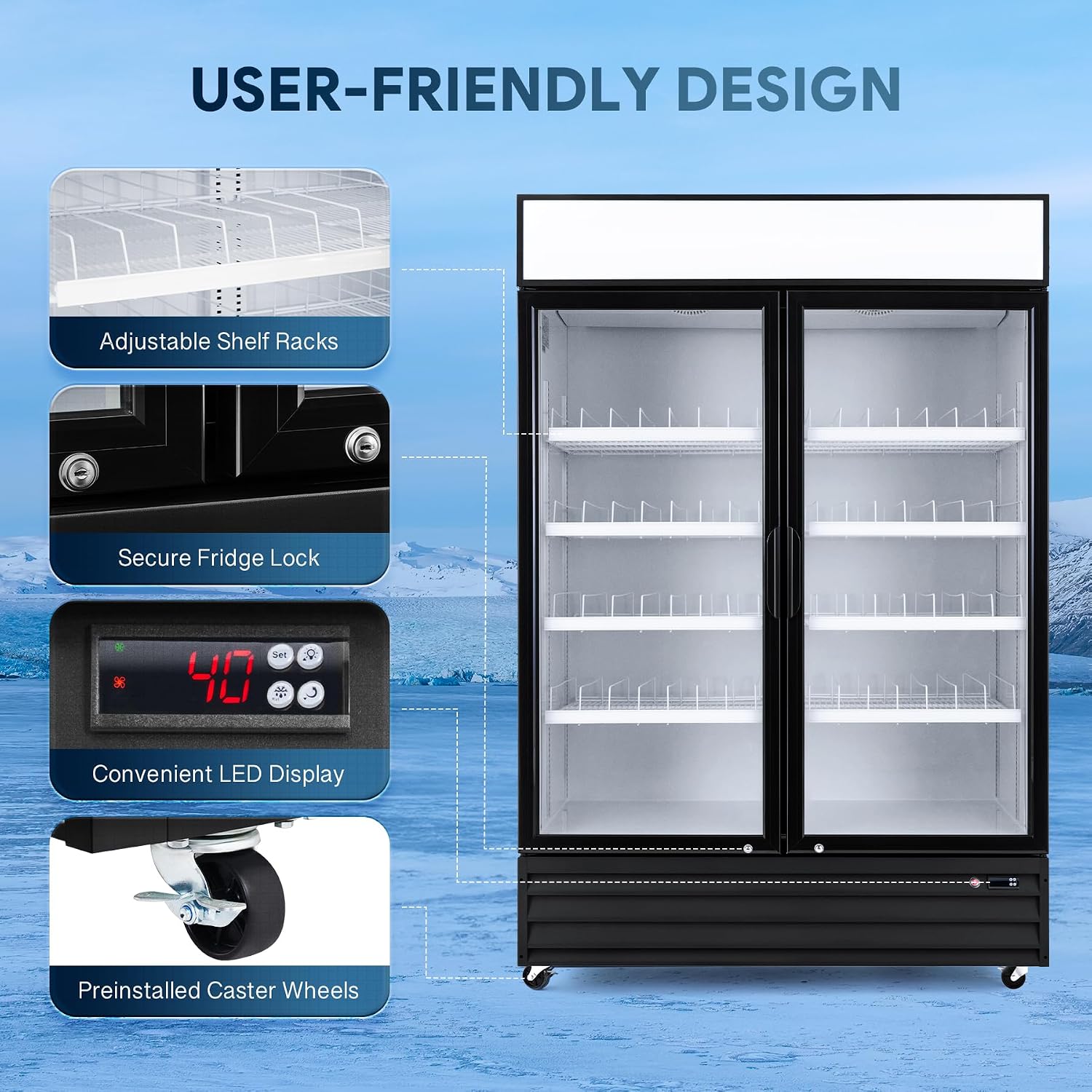 Wilprep Two Door Commercial Refrigerator, 40 cu. ft. Swing Door Merchandiser Refrigerator with Tempered Glass & LED Lighting, ETL Listed Fog Free Beverage Display Refrigerator for Office Bar Store…