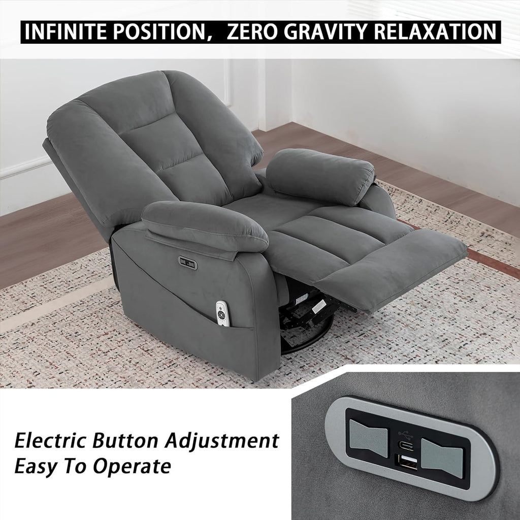 Ketaiyou Power Swivel Rocker Recliner with Massage and Heat, USB and Type-C Port, Infinite Position, Electric Glider Rocking Chairs Living Room, Soft Fabric Reclining Sofa Chair (Velvet Grey)