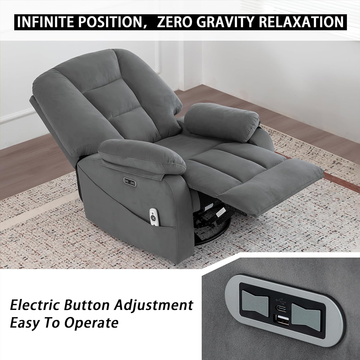 Ketaiyou Power Swivel Rocker Recliner with Massage and Heat, USB and Type-C Port, Infinite Position, Electric Glider Rocking Chairs Living Room, Soft Fabric Reclining Sofa Chair (Velvet Grey)