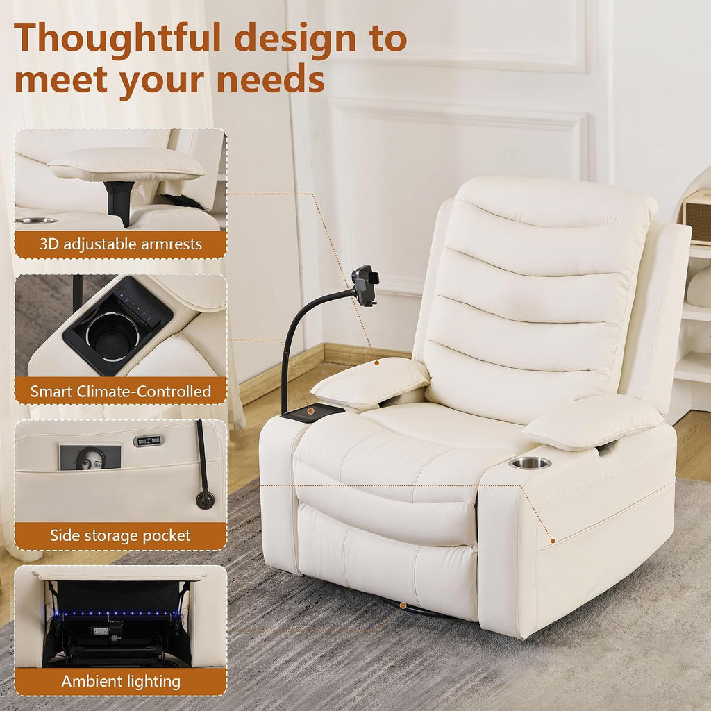 Holaki Rocking Chair Nursery, Oversized Glider Recliner Nursery Chair Swivel Reading Chair with Heated Lumbar Support Smart Cup Holder and Fast-Charging Phone Mount for Breastfeeding(Beige)