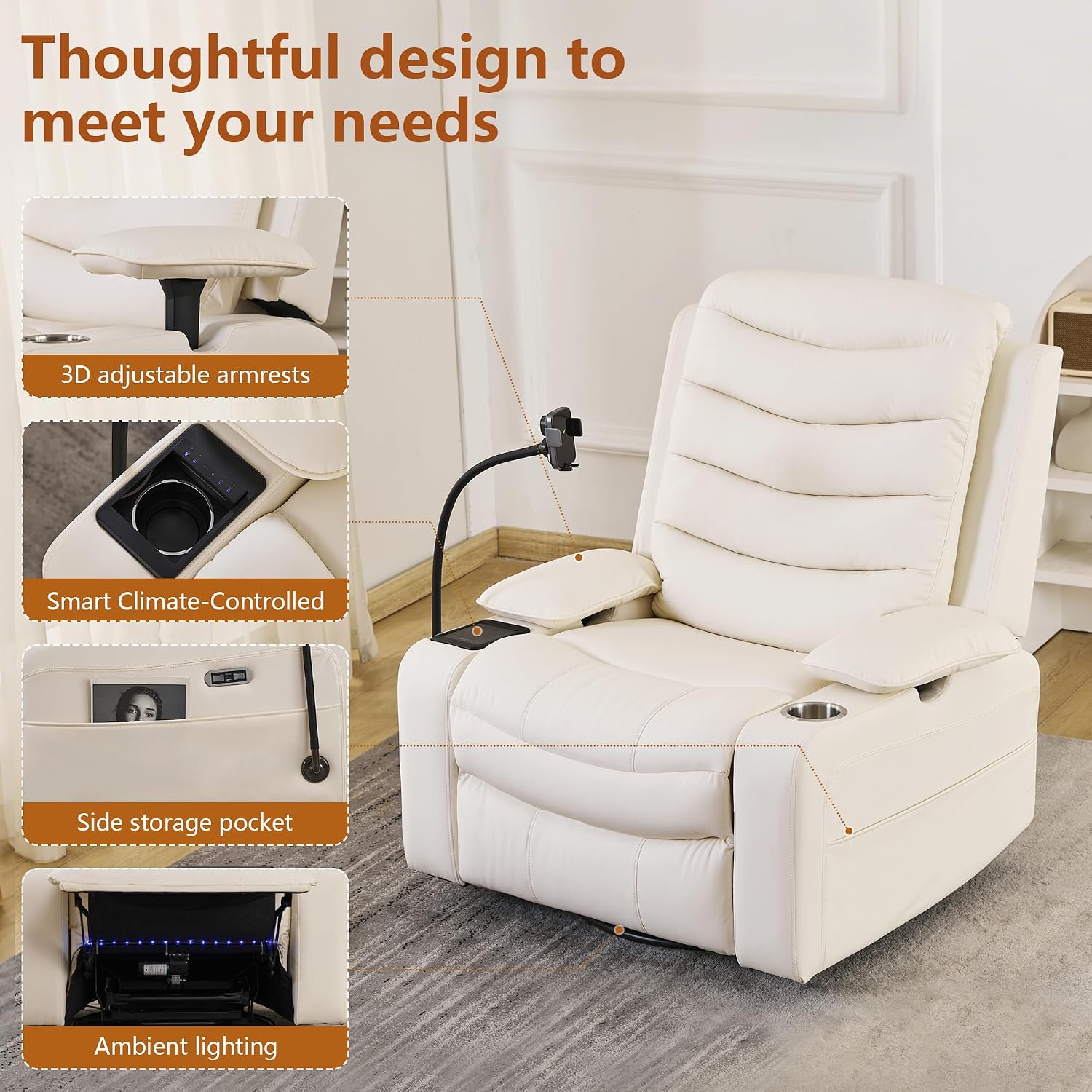 Holaki Rocking Chair Nursery, Oversized Glider Recliner Nursery Chair Swivel Reading Chair with Heated Lumbar Support Smart Cup Holder and Fast-Charging Phone Mount for Breastfeeding(Beige)