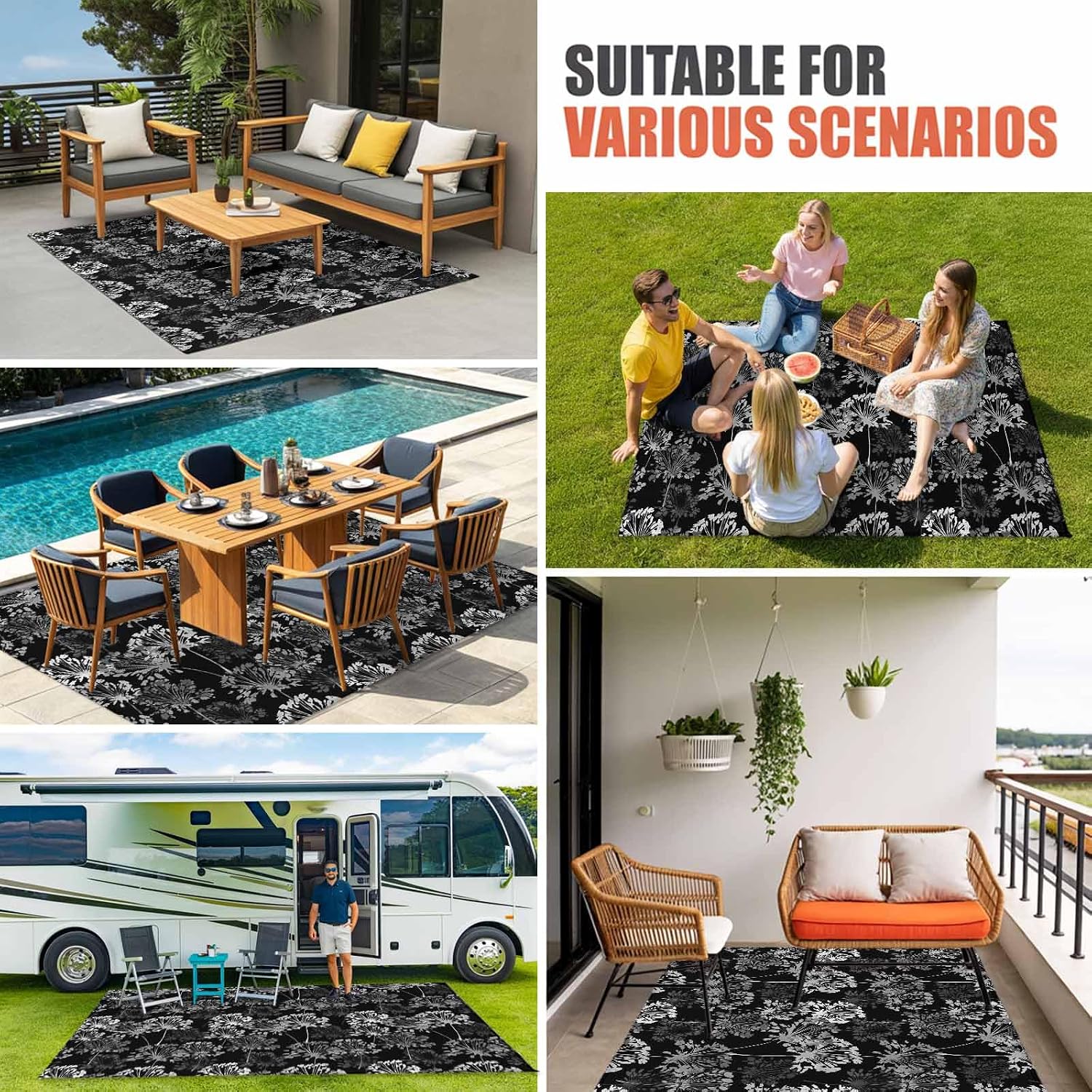 Vintage Floral Outdoor Rug for Patio/Deck/Porch, Non-Slip Large Area Rug 4 x 6 Ft, Black Dandelion Plants Country Botanical Indoor Outdoor Rugs Washable Area Rugs, Reversible Camping Rug Carpet Runner