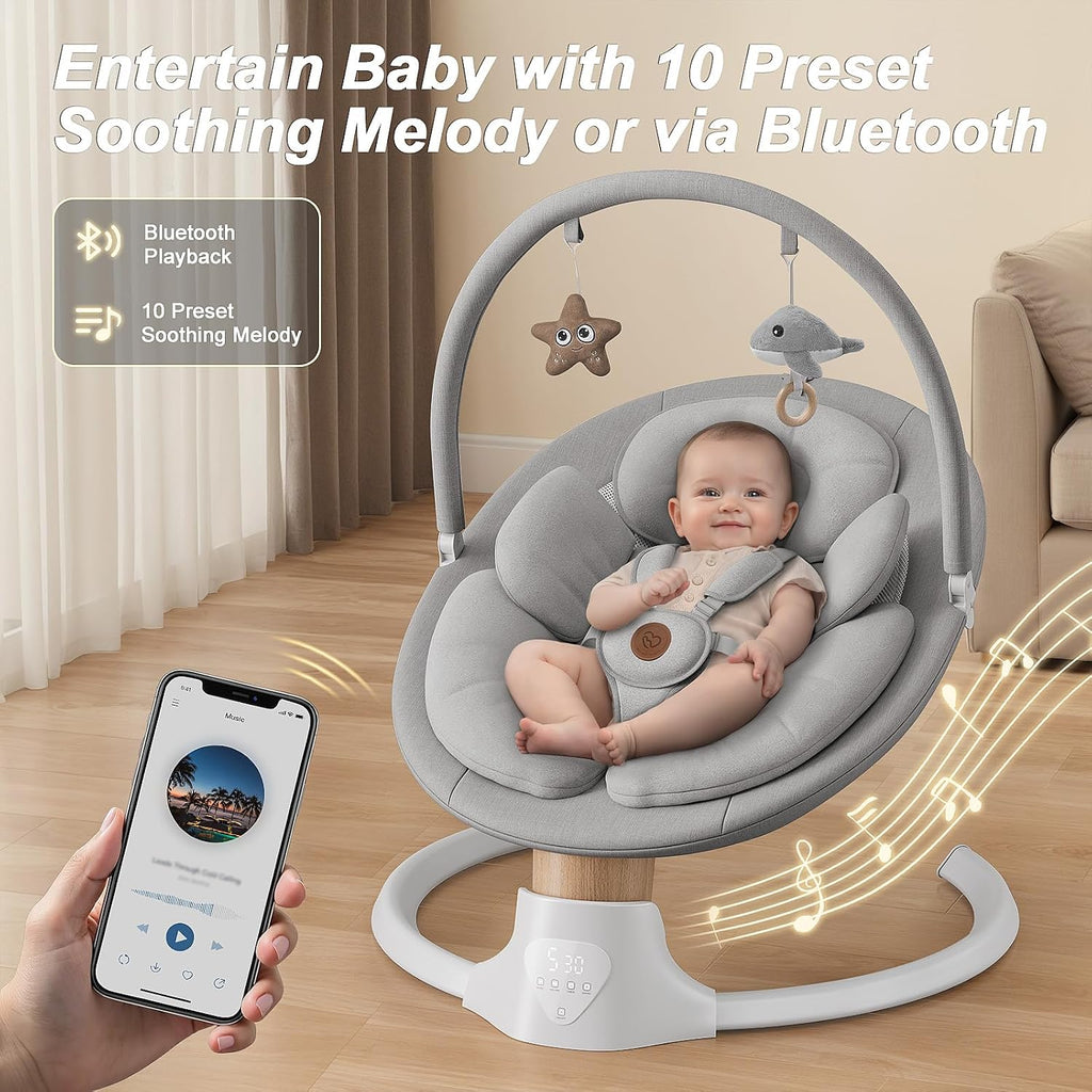 Baby Swings for Infants, FasonBaby Electric Baby Swing with 10 Preset Melodies, 5 Speeds, Remote Control and Bluetooth - Portable Infant Swing for Indoor and Outdoor(Grey)