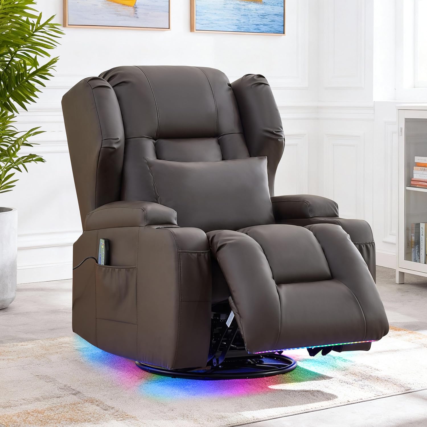 BINGTOO Dual Motor Power Swivel Rocker Recliner Chair with Massage & Heat, Electric Wall Hugger Glider Chair for Adults, Nursery with LED Lights, USB-C Ports & Cup Holders, Faux Leather Brown, 1 Chair