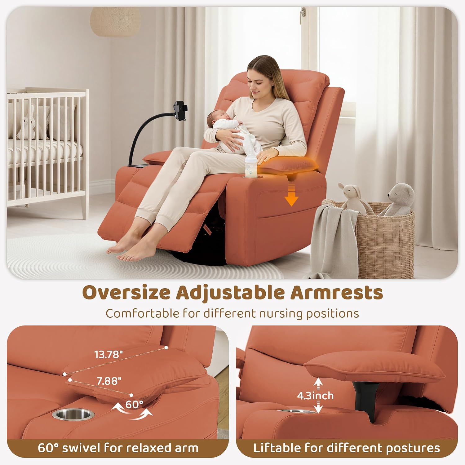Olela Power Glider Recliner Nursery Chair, PU Leather Swivel Rocking Chair with Electric Lumbar Support, USB Charging, Smart Cup Holder, Light, Adjustable Armrest, Wireless Phone Charger Holder