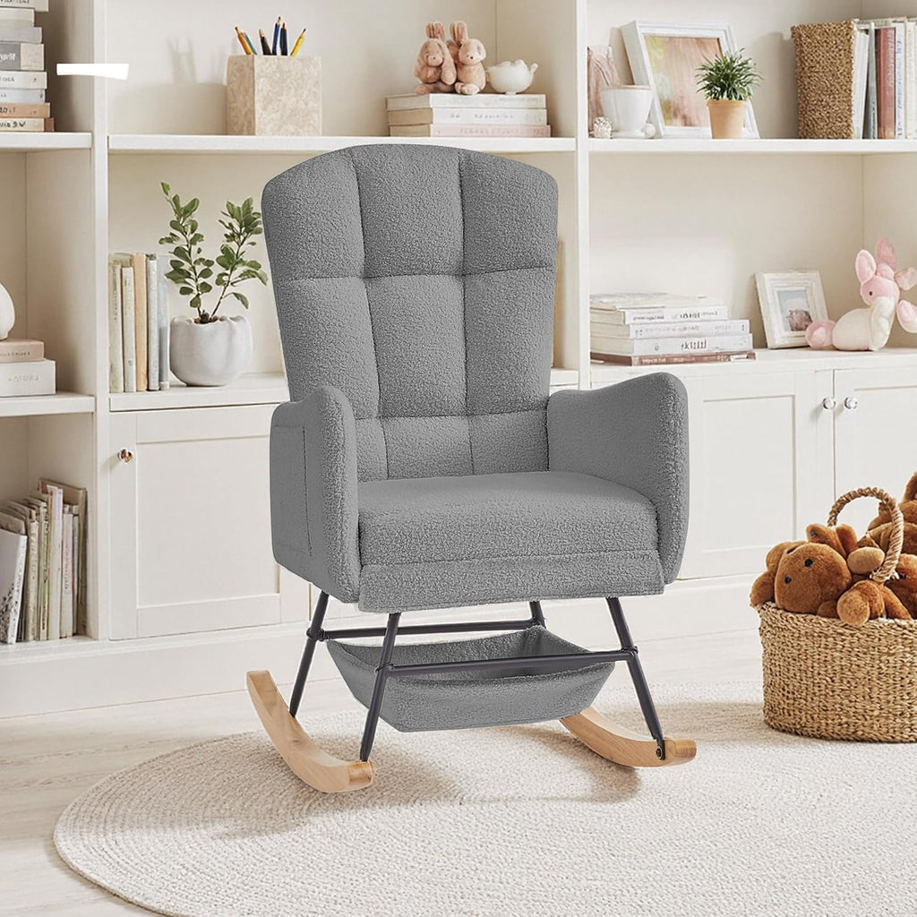 Teddy Upholstered Rocking Chair,Indoor Glider Chair with High Backrest and Side Pockets, Accent Arm Chair with Storage Bag for Living Room. (Grey)